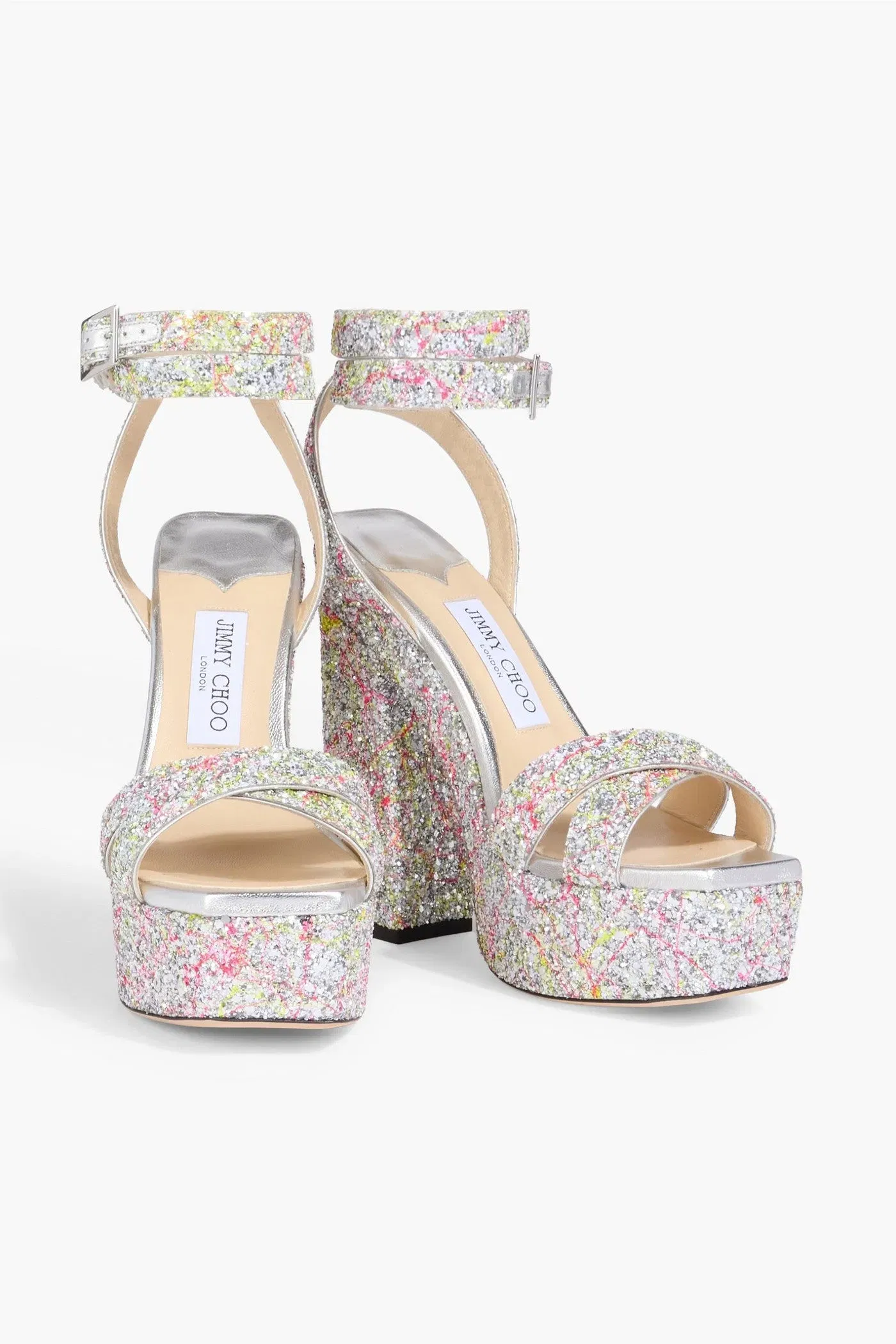 Jimmy Choo Gaia Glittered Metallic Leather Platform Sandals Silver Women's