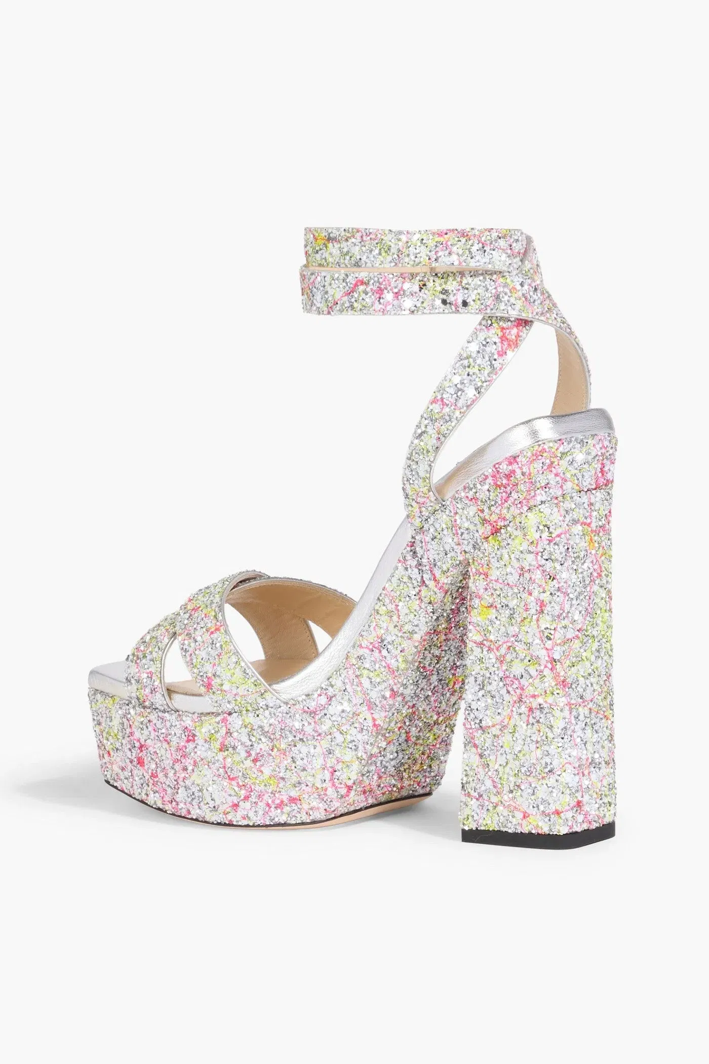 Jimmy Choo Gaia Glittered Metallic Leather Platform Sandals Silver Women's