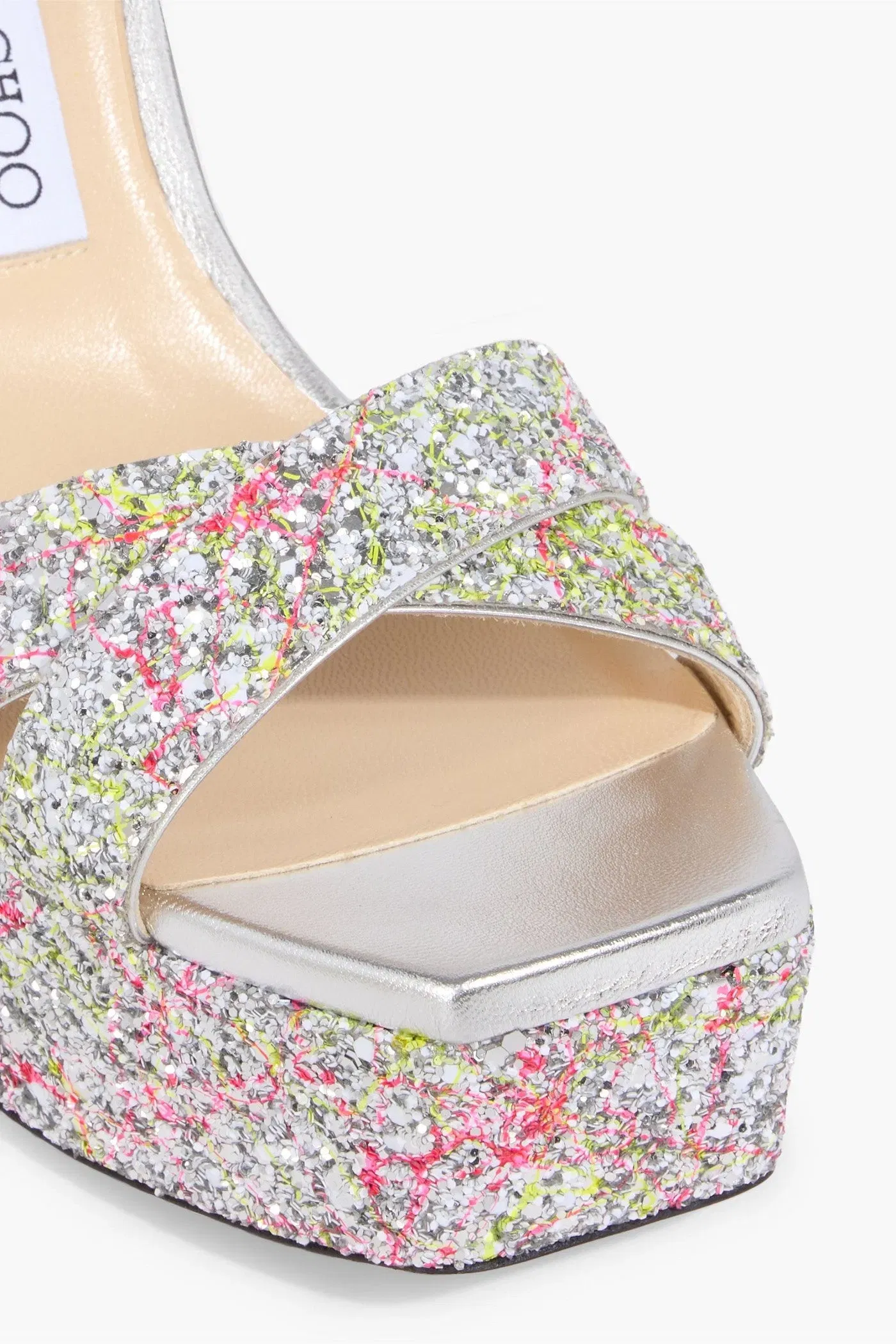 Jimmy Choo Gaia Glittered Metallic Leather Platform Sandals Silver Women's