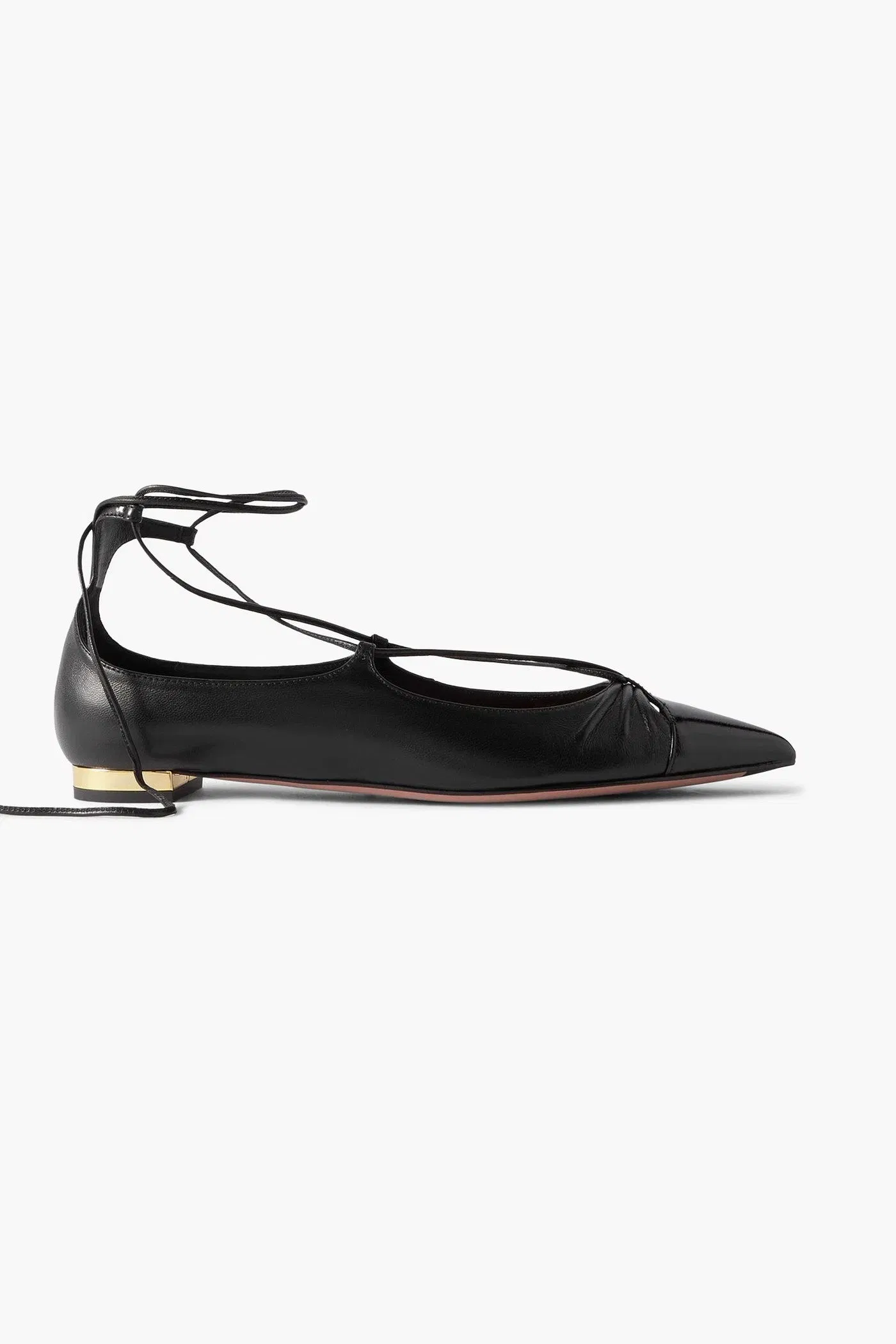 Aquazzura Gabi Lace-Up Glossed-Leather Point-Toe Flats Black Women's