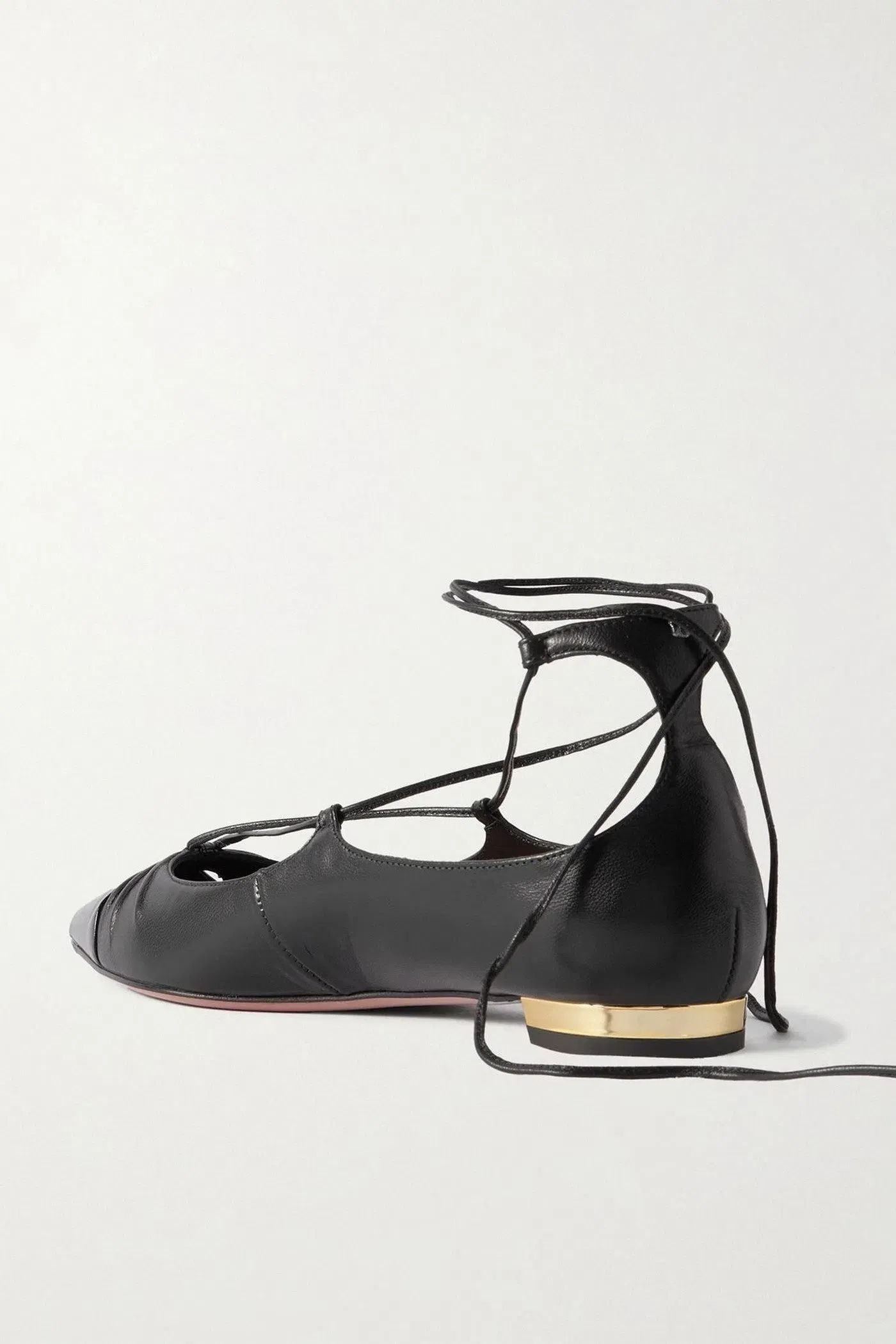 Aquazzura Gabi Lace-Up Glossed-Leather Point-Toe Flats Black Women's