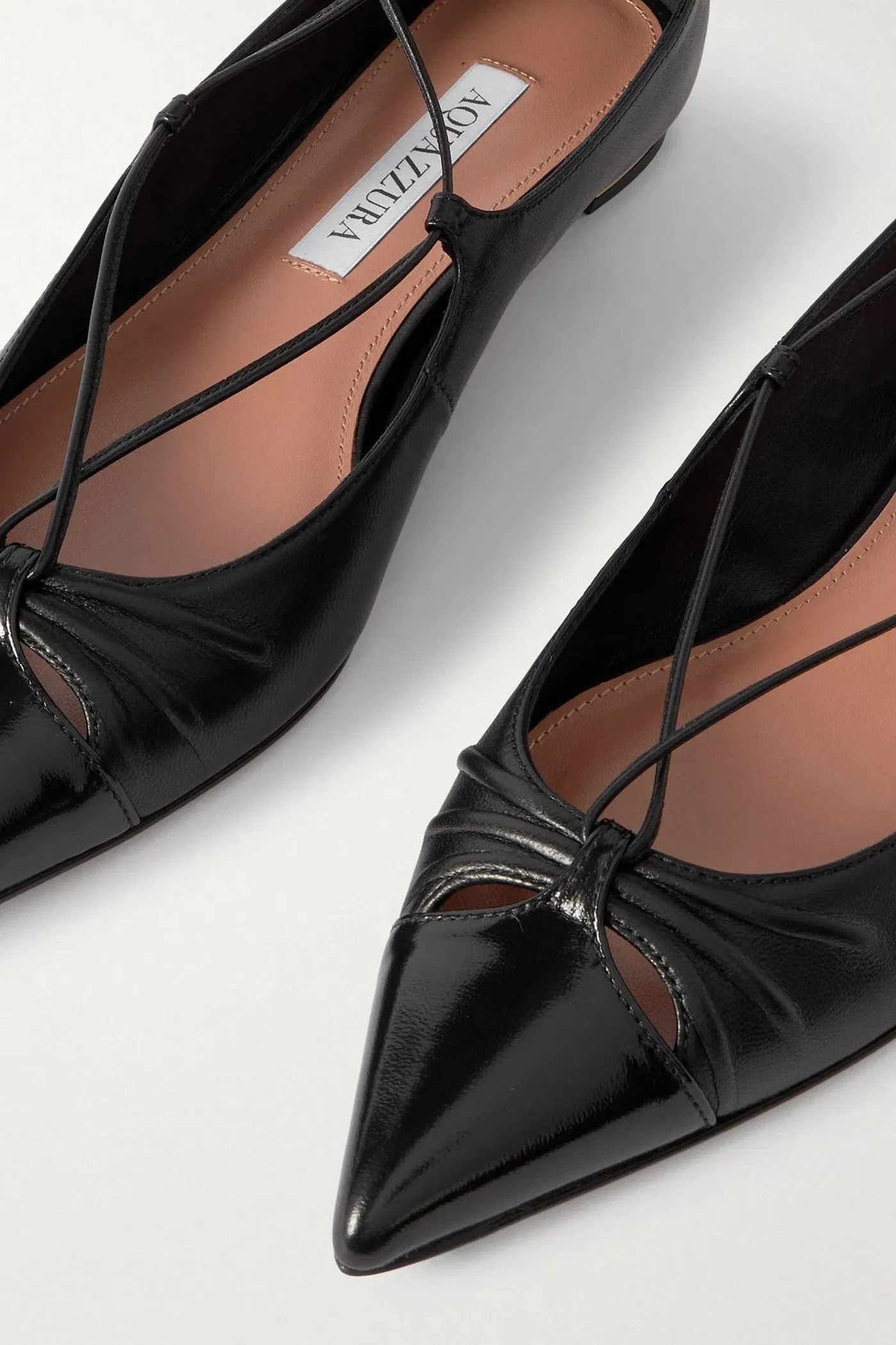 Aquazzura Gabi Lace-Up Glossed-Leather Point-Toe Flats Black Women's