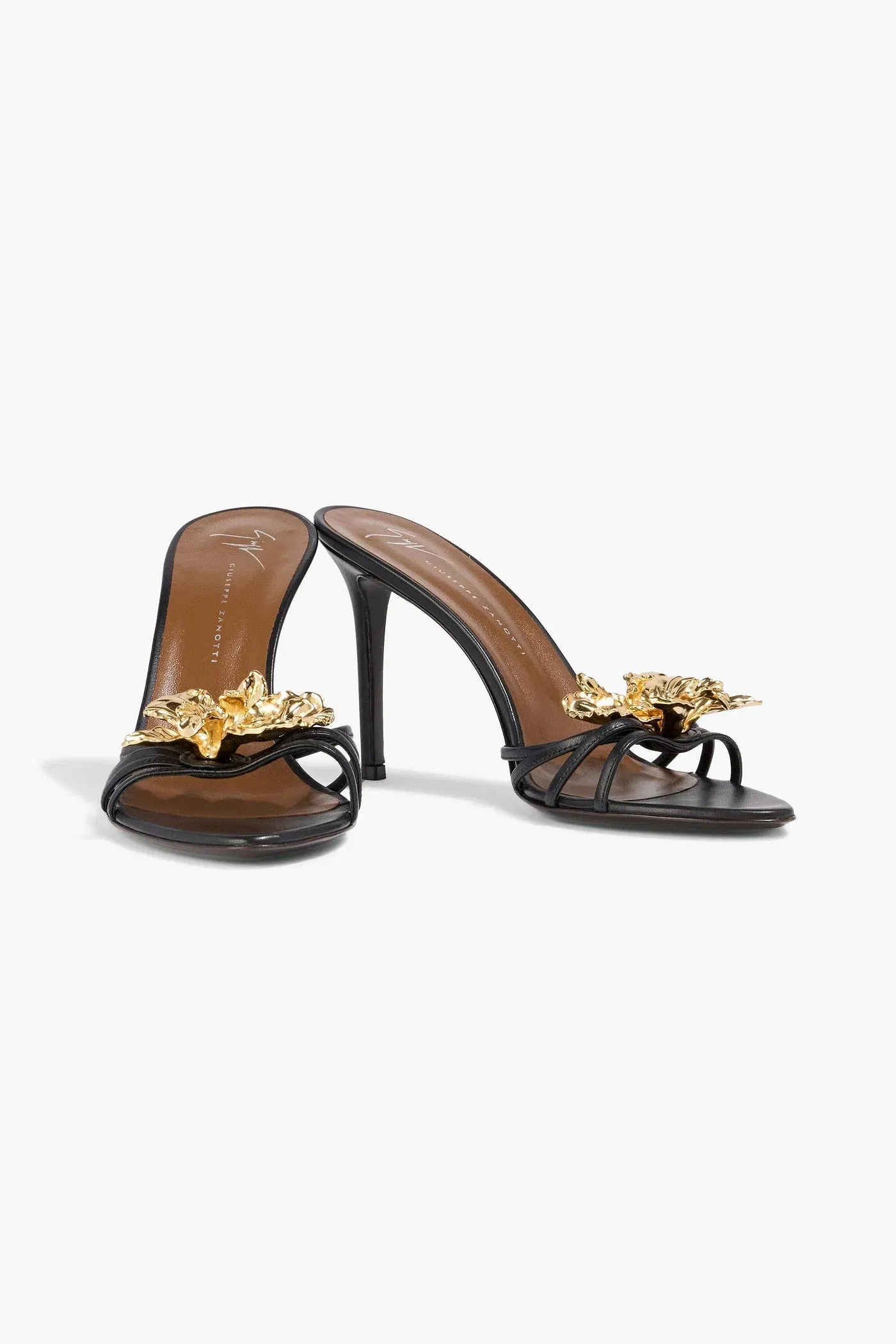 Giuseppe Zanotti Orchid Floral-Appliqud Leather Mules Black Women's
