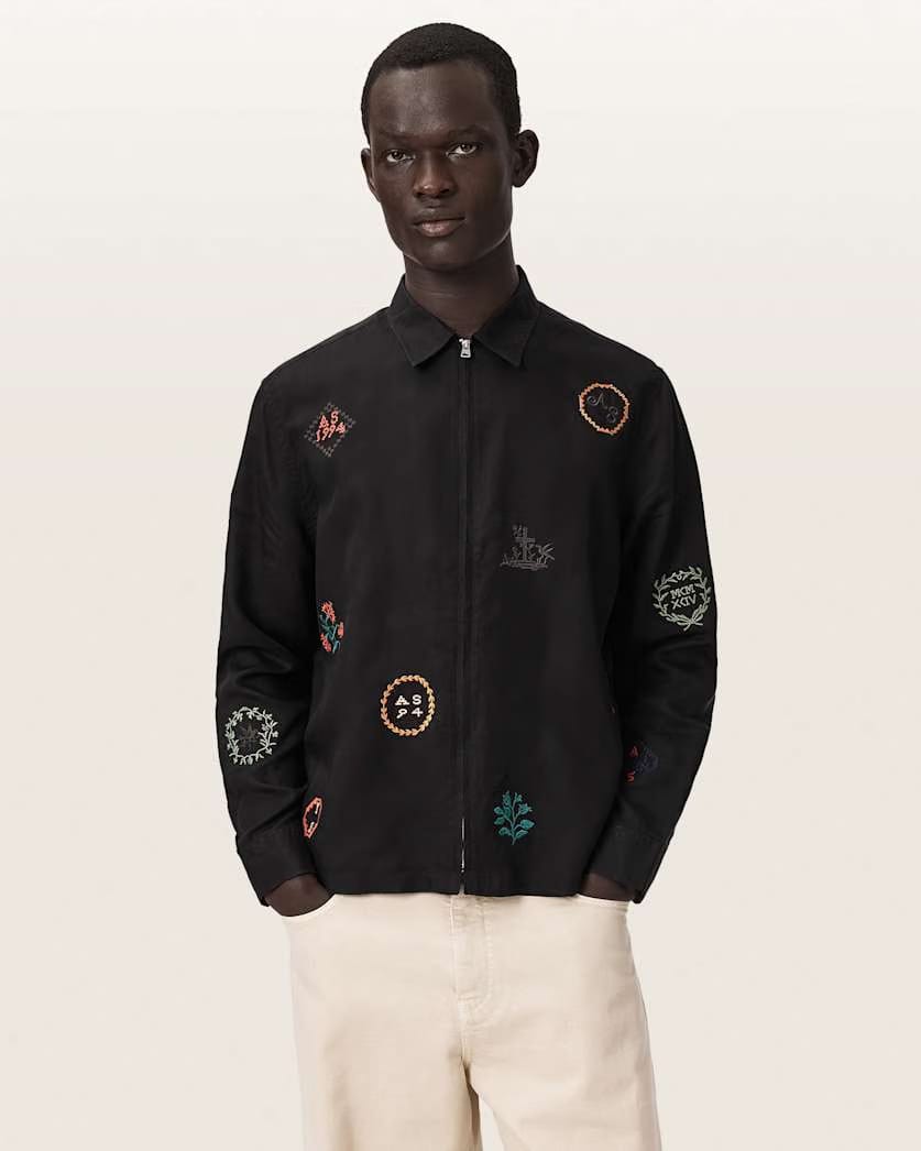 AllSaints Laurel Long Sleeve Embroidered Zip Up Shirt Orca Black