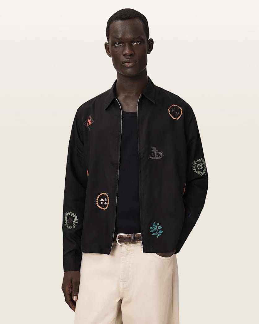 AllSaints Laurel Long Sleeve Embroidered Zip Up Shirt Orca Black