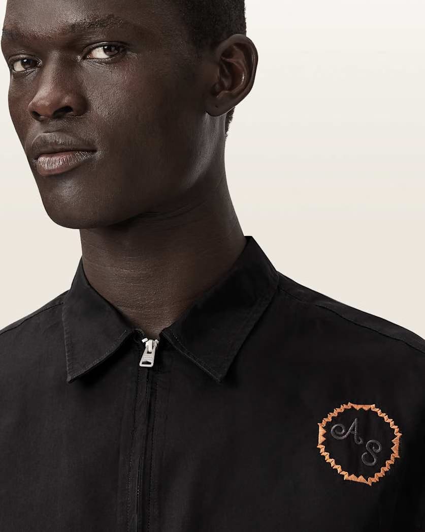 AllSaints Laurel Long Sleeve Embroidered Zip Up Shirt Orca Black
