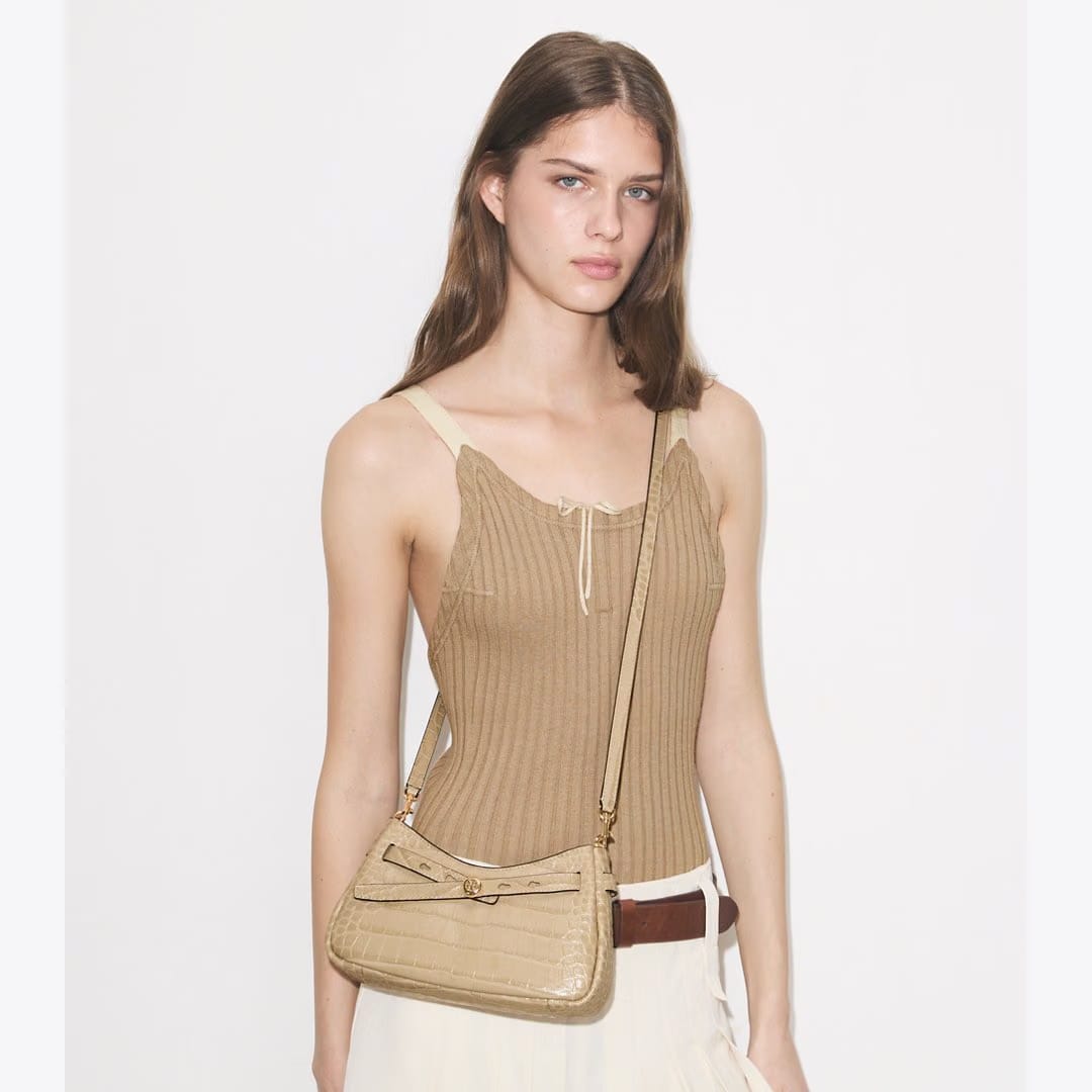 Tory Burch Romy Croc-Embossed Zip Top Crossbody Bag Light Hickory
