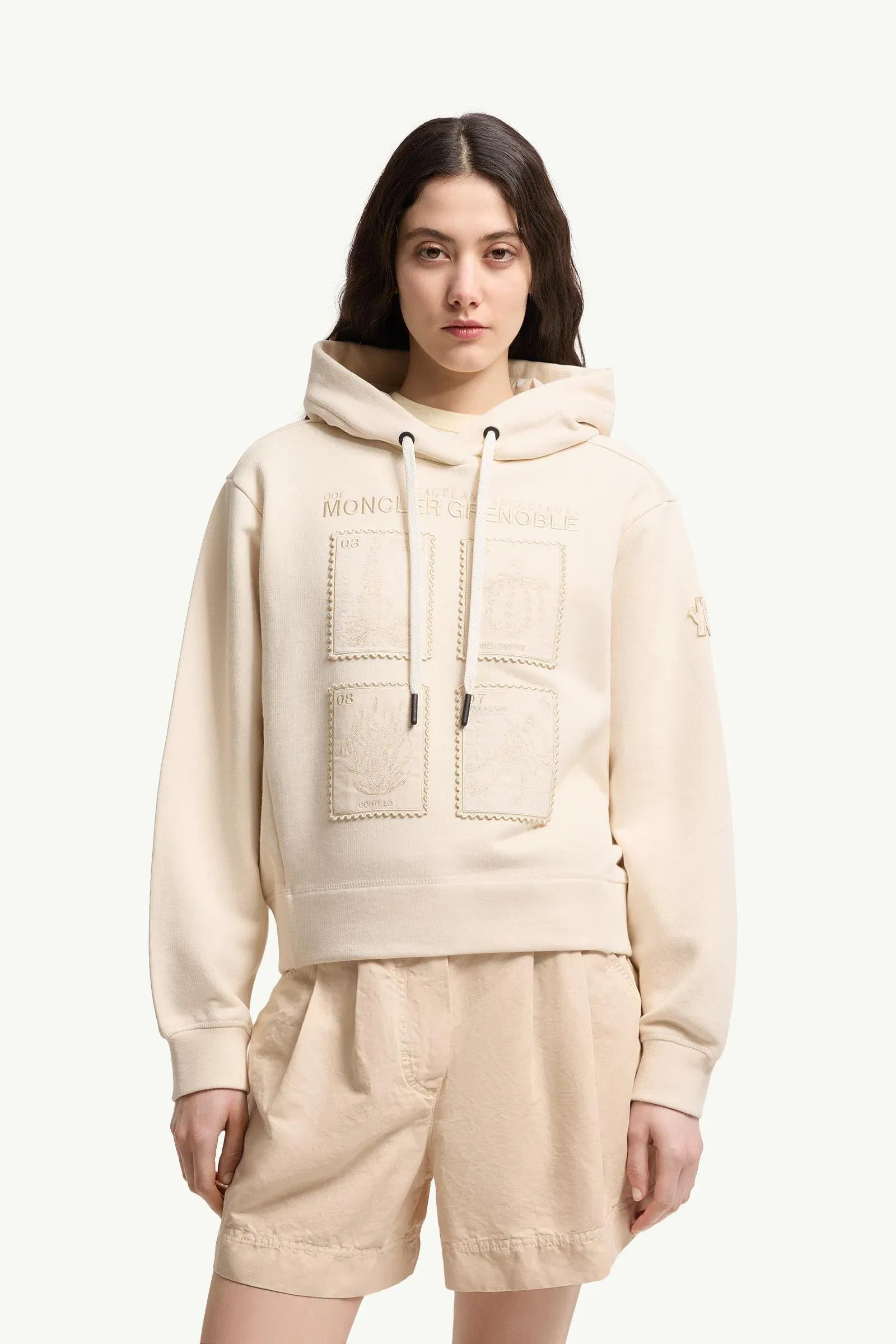 Moncler Botanical Patches Cotton Hoodie White Ivory White Ivory