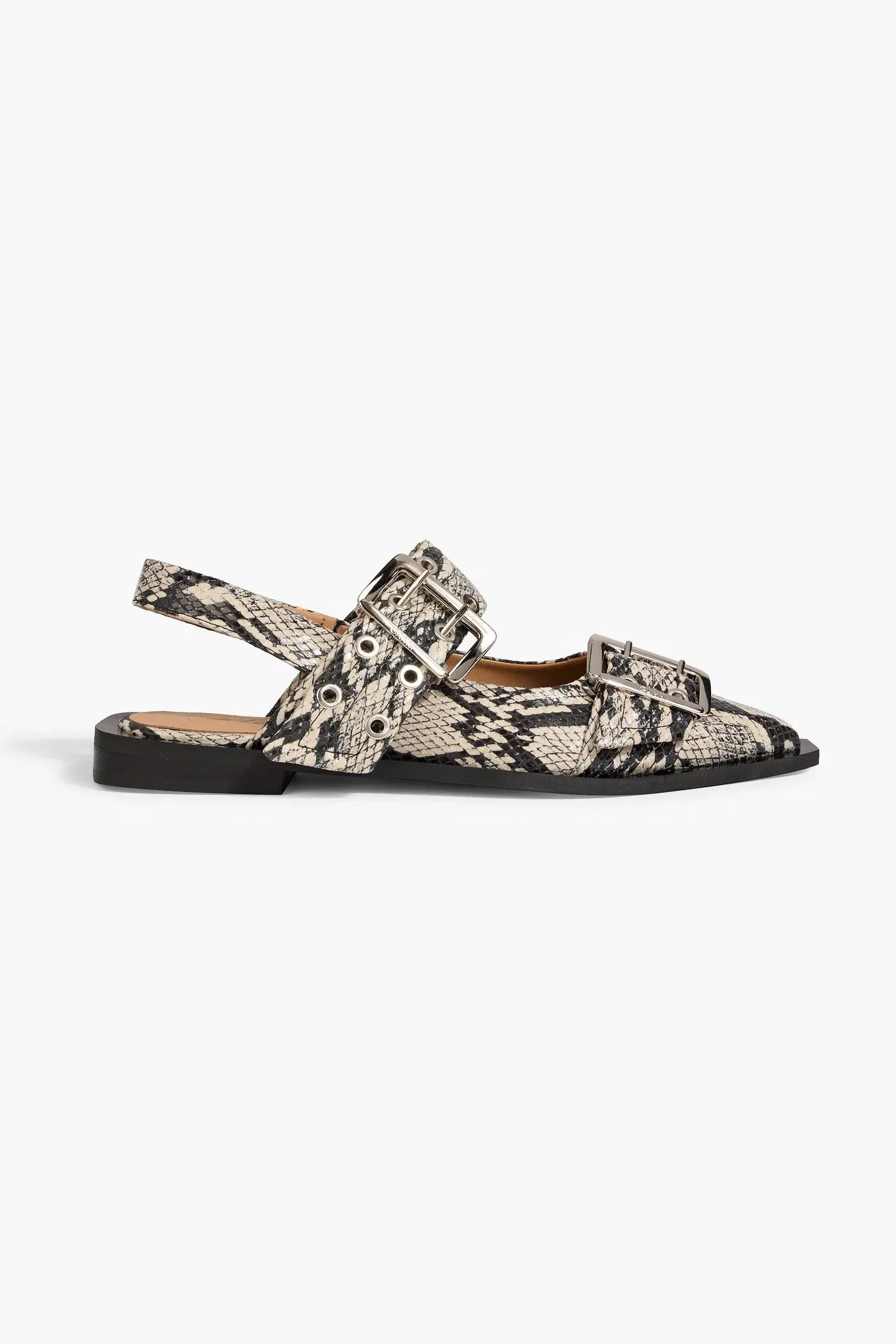 Ganni Buckled Snake-Effect Slingback Point-Toe Flats Animal Print Women's