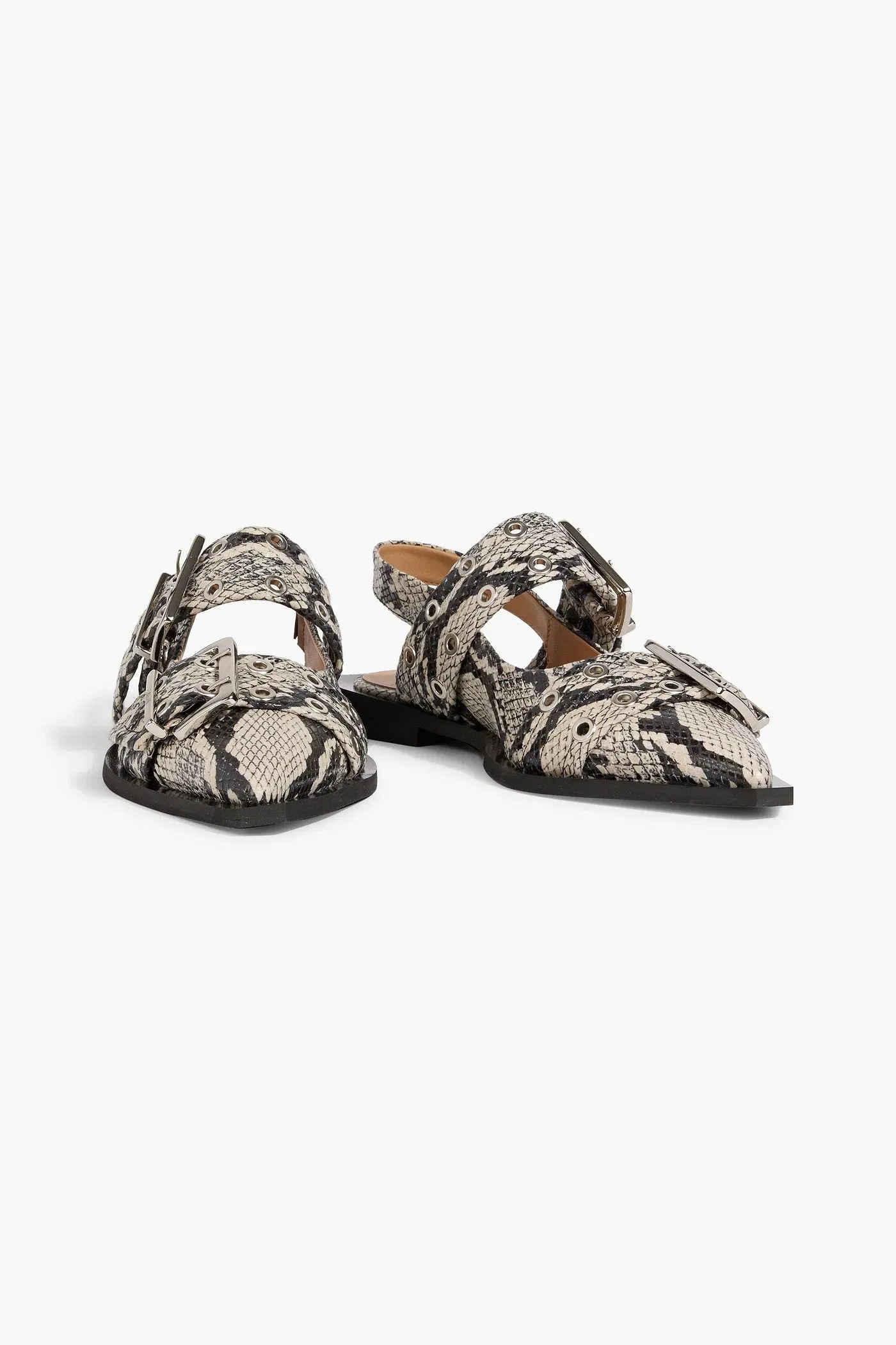 Ganni Buckled Snake-Effect Slingback Point-Toe Flats Animal Print Women's