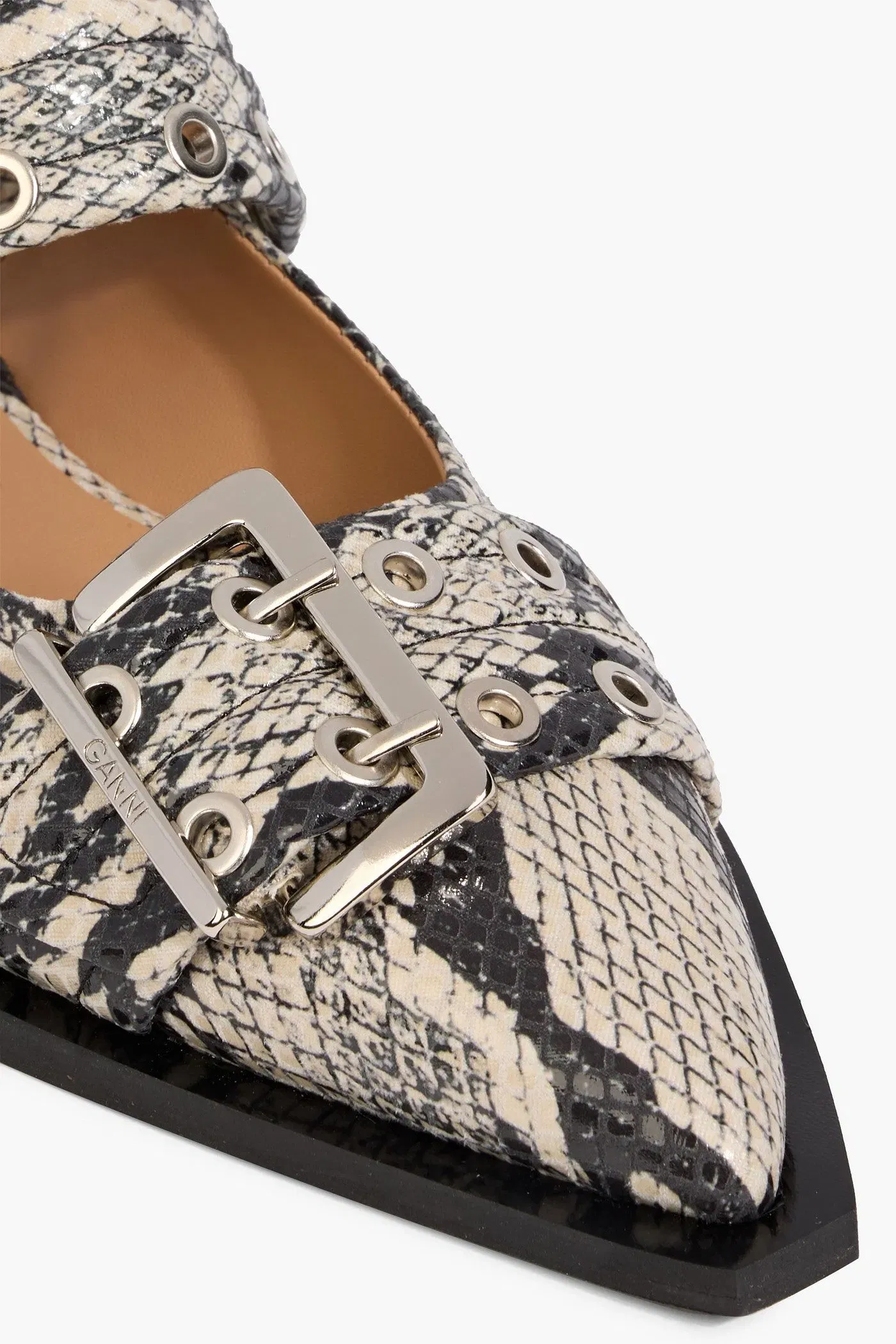 Ganni Buckled Snake-Effect Slingback Point-Toe Flats Animal Print Women's