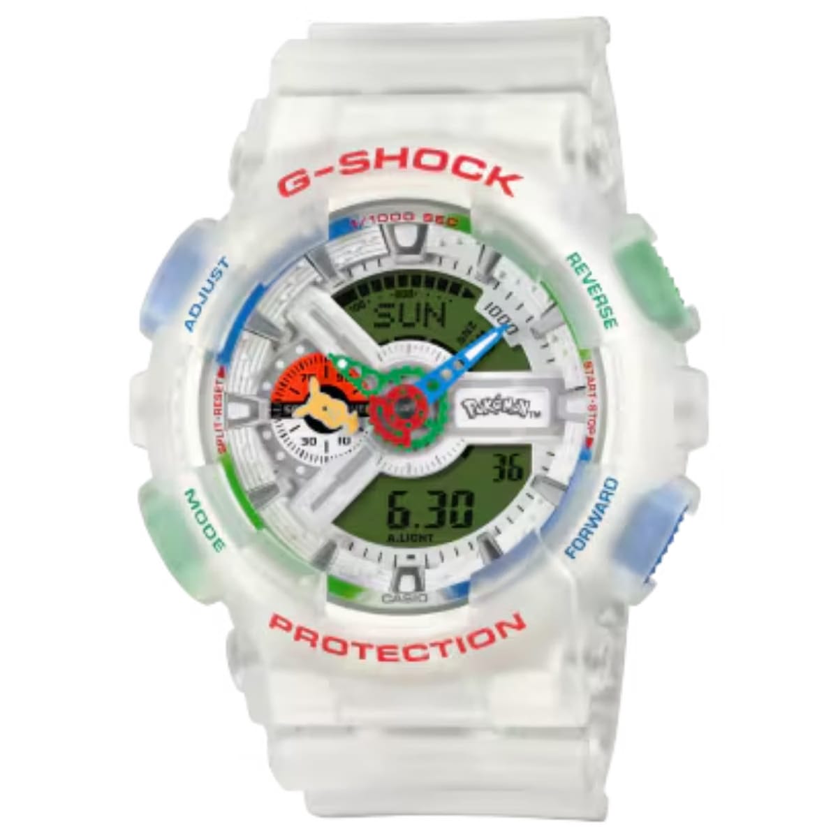 Casio G-Shock GA-110PKM-7A Pokémon collaboration watch featuring transparent bezel