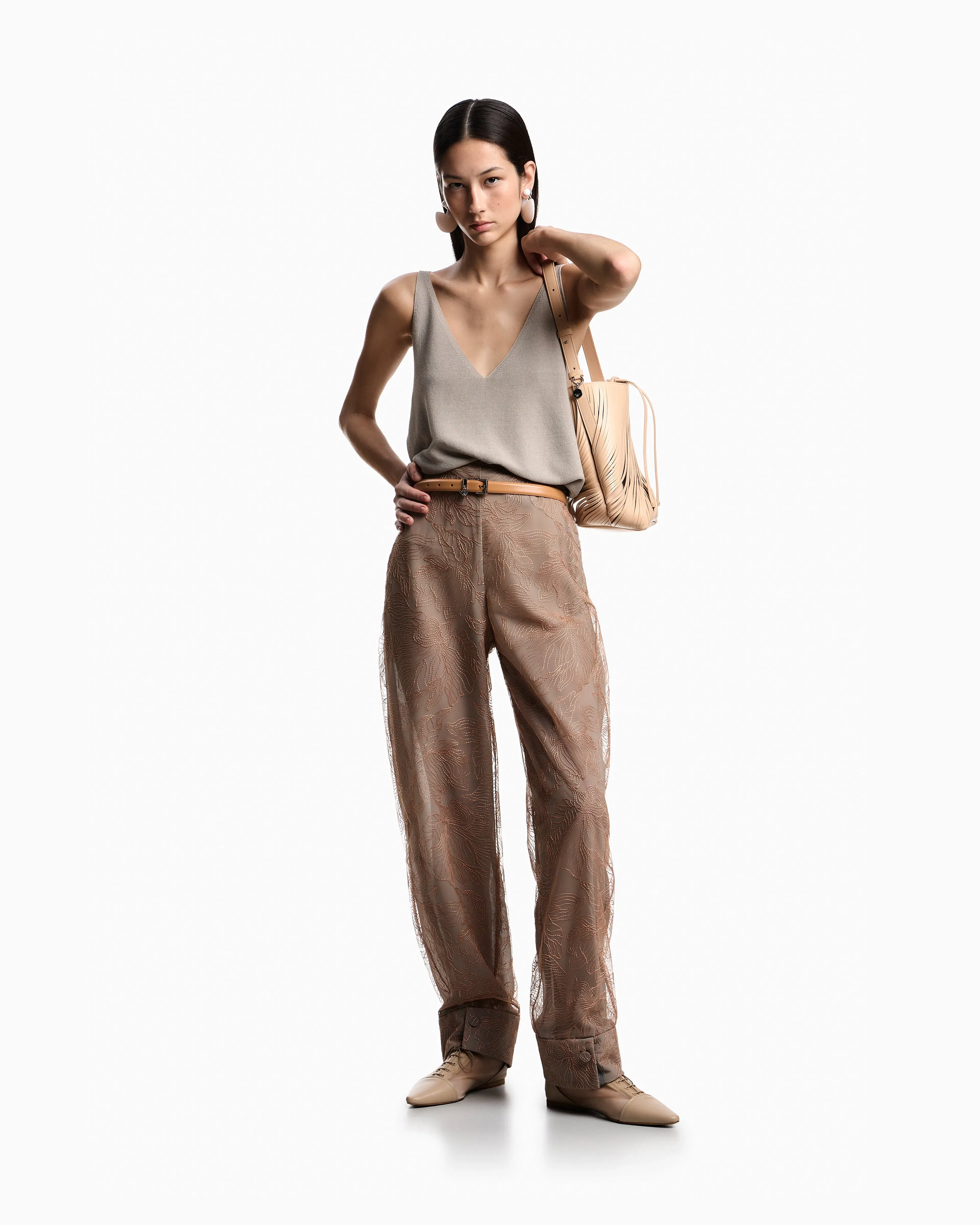Emporio Armani Tulle trousers embroidered with an embossed lurex flowers pattern