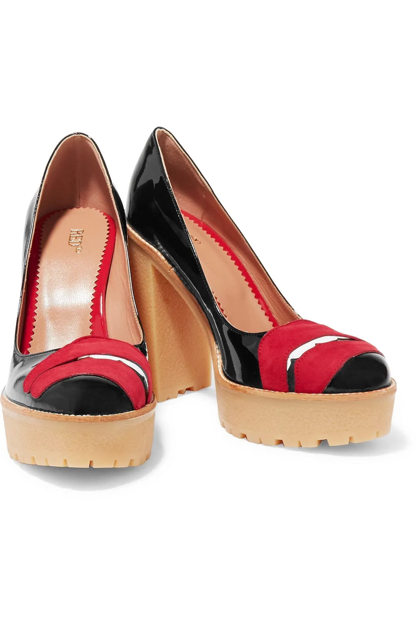 Red(V) Appliqud Patent-Leather Platform Pumps Black Women's