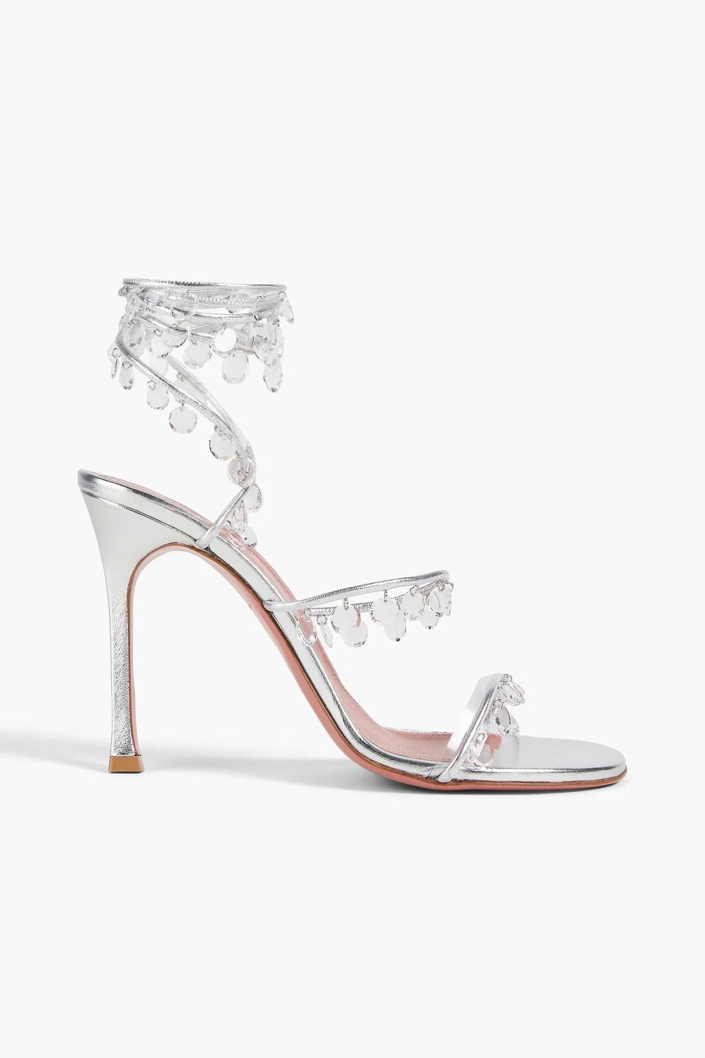 Amina Muaddi Tina Crystal-Embellished Metallic Leather Sandals Silver Women's