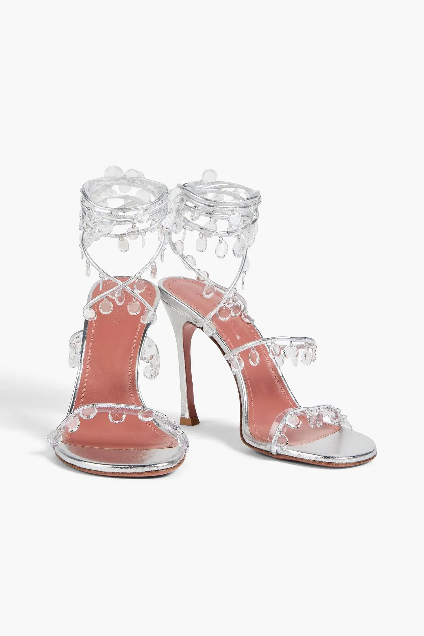 Amina Muaddi Tina Crystal-Embellished Metallic Leather Sandals Silver Women's