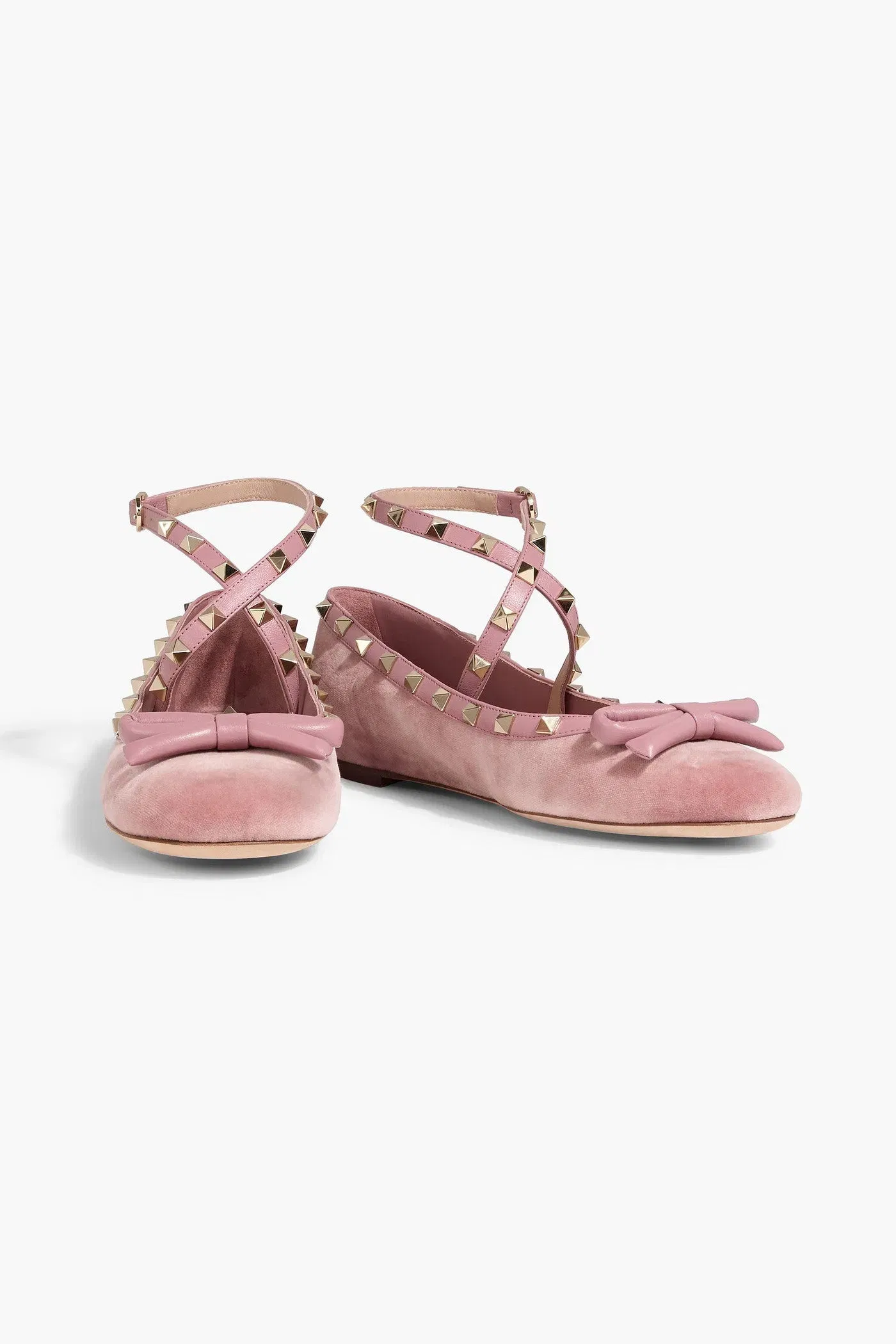 Valentino Garavani Rockstud Leather-Trimmed Velvet Ballet Flats Antique Rose Women's