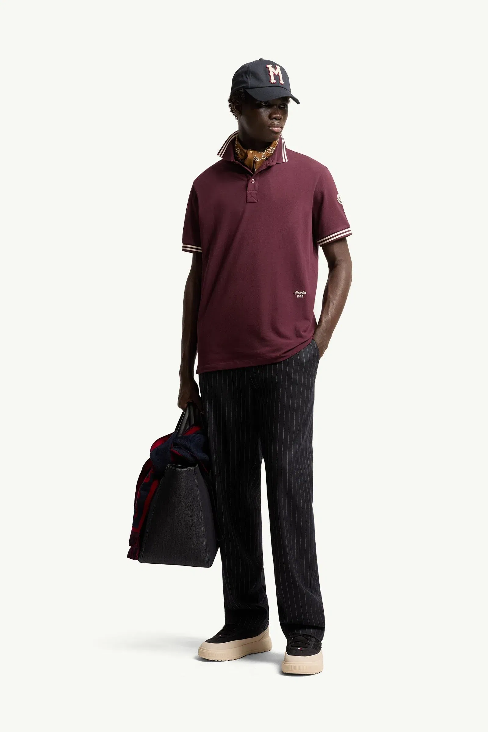 Moncler Striped Trim Cotton Piquet Polo Shirt Burgundy Burgundy