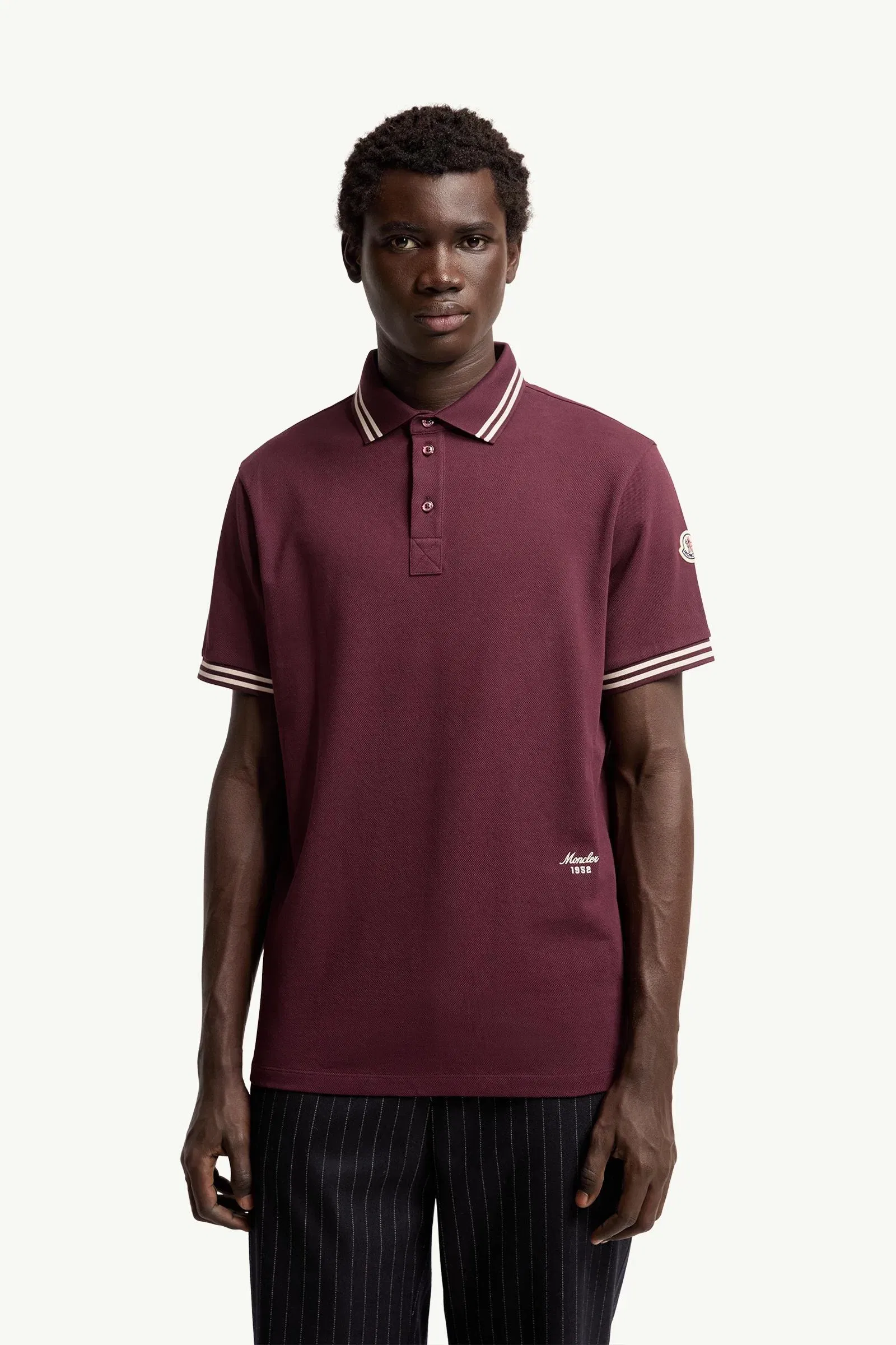 Moncler Striped Trim Cotton Piquet Polo Shirt Burgundy Burgundy