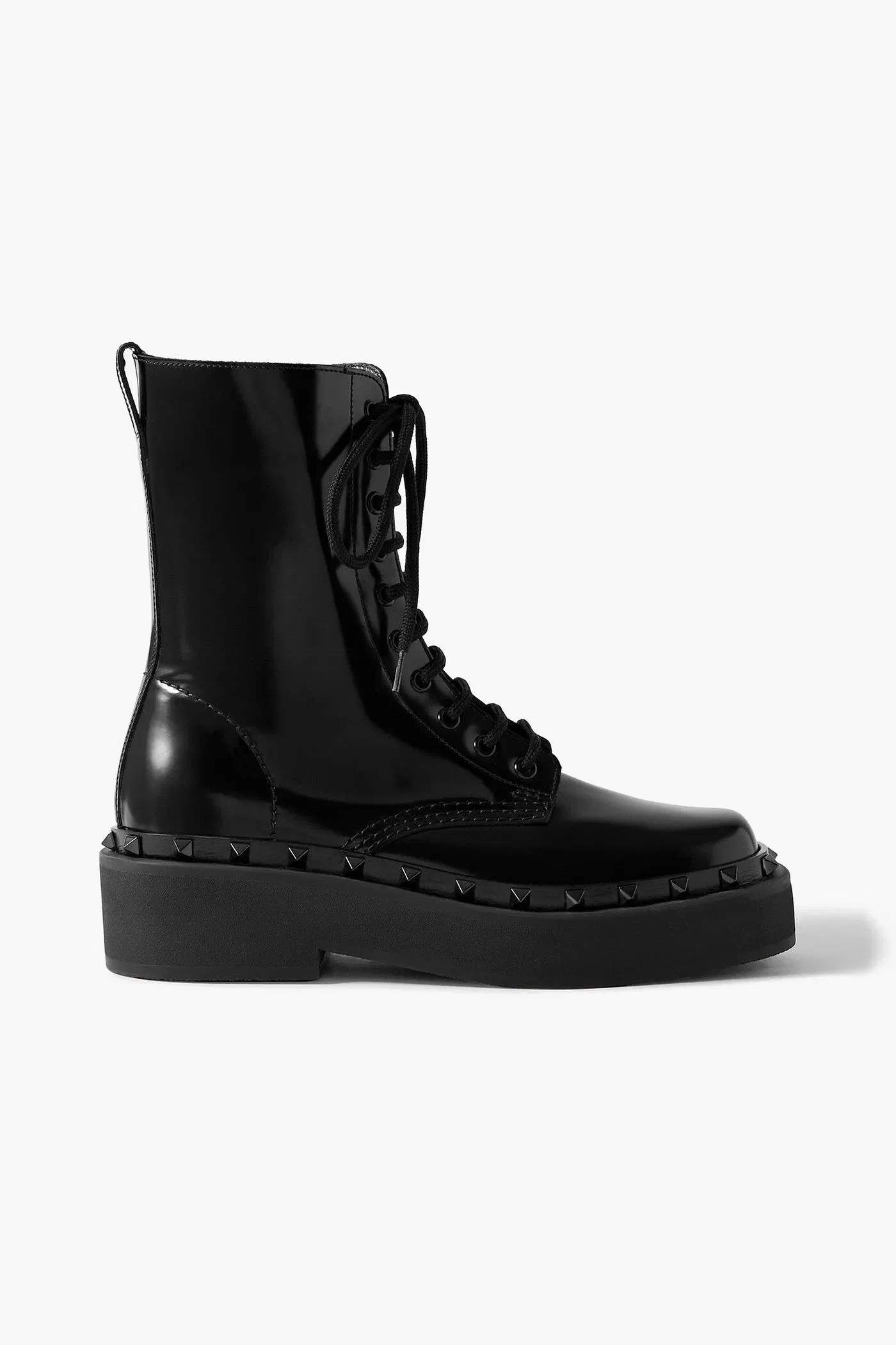 Valentino Garavani Rockstud Embellished Glossed-Leather Combat Boots Black Women's