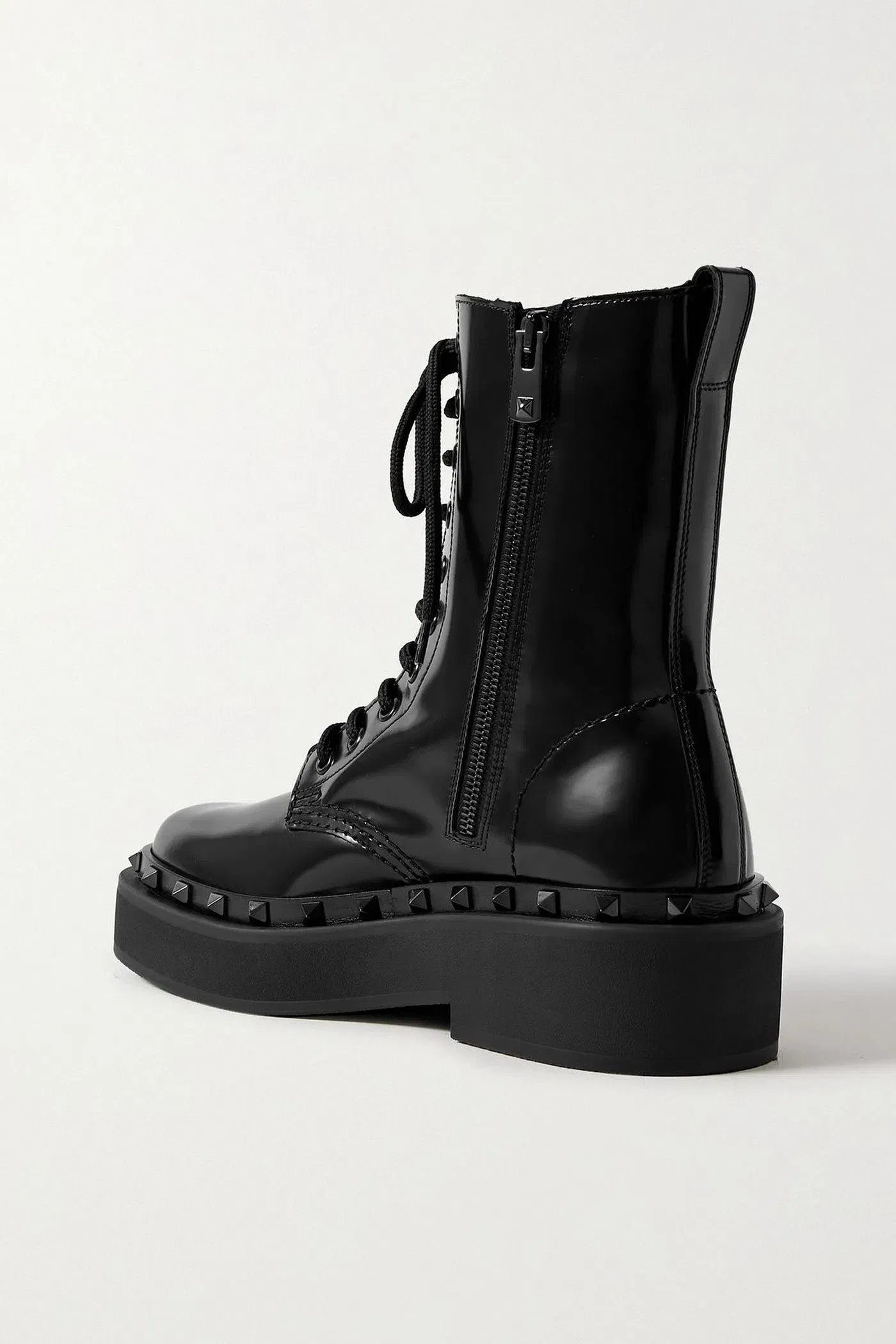 Valentino Garavani Rockstud Embellished Glossed-Leather Combat Boots Black Women's