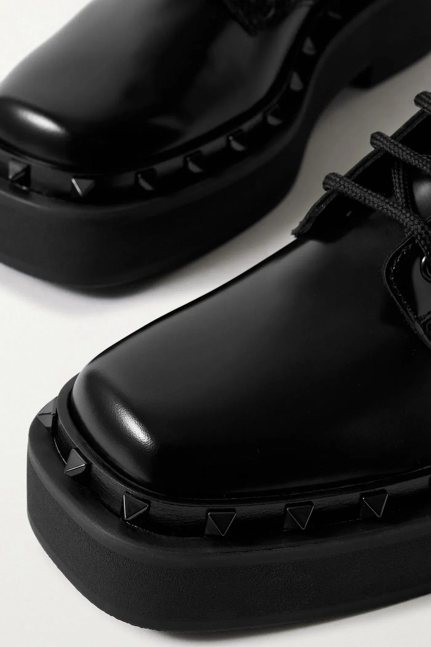 Valentino Garavani Rockstud Embellished Glossed-Leather Combat Boots Black Women's