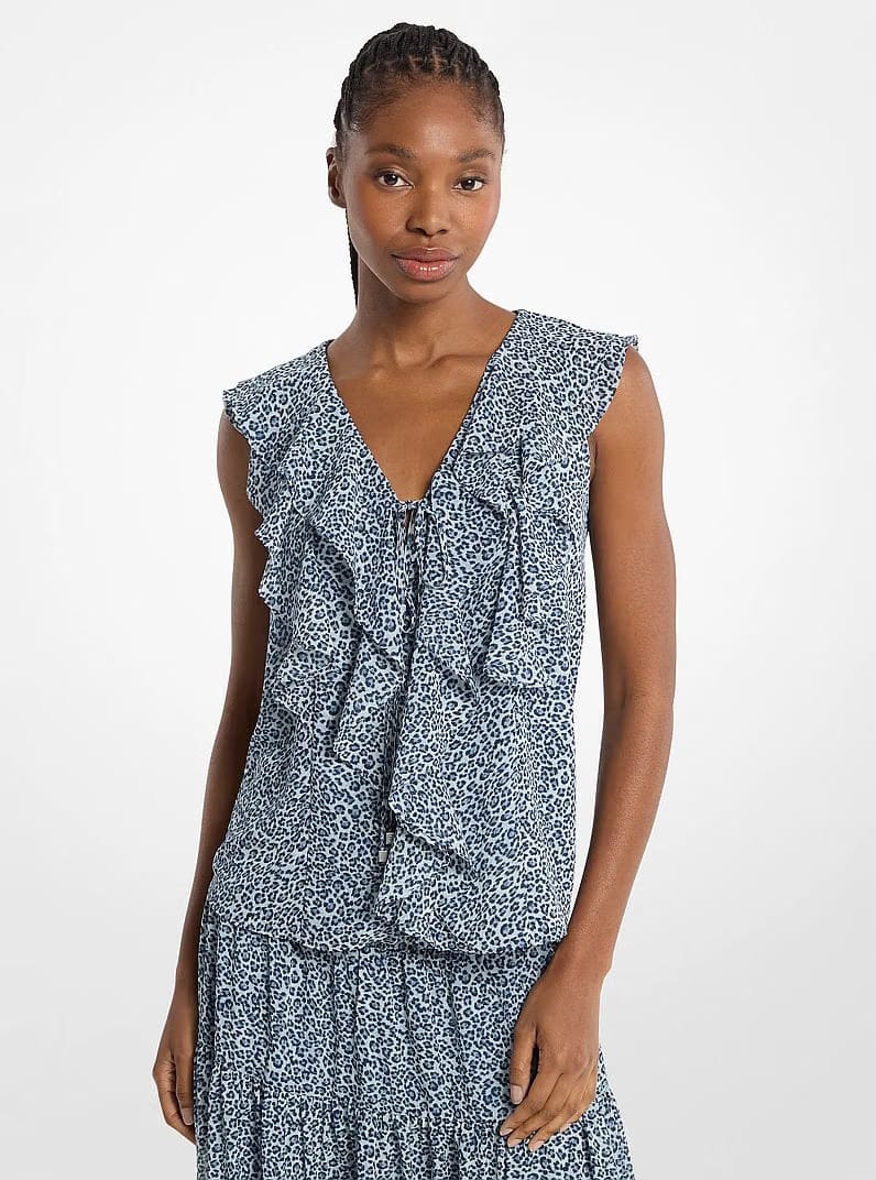 Michael Kors Ruffled Leopard Print Georgette Blouse DK CHAMBRAY