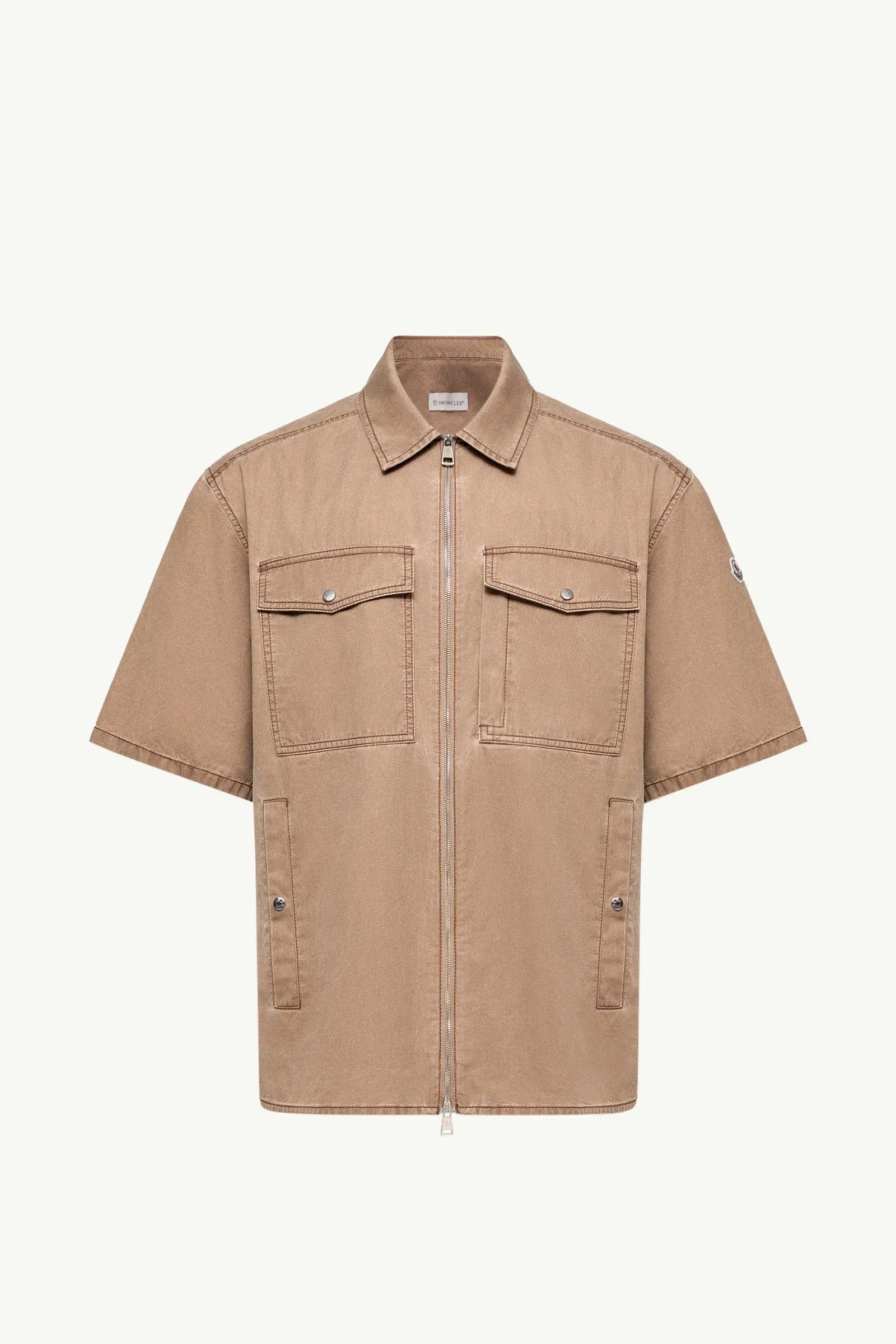 Moncler Short Sleeve Cotton Zip-Up Shirt Brown Brown