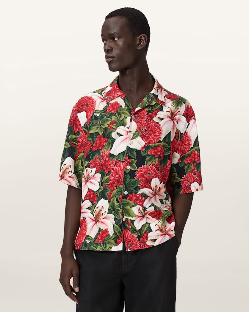 AllSaints Hokkaido Short Sleeve Linen Blend Shirt Red