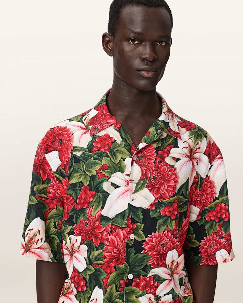 AllSaints Hokkaido Short Sleeve Linen Blend Shirt Red