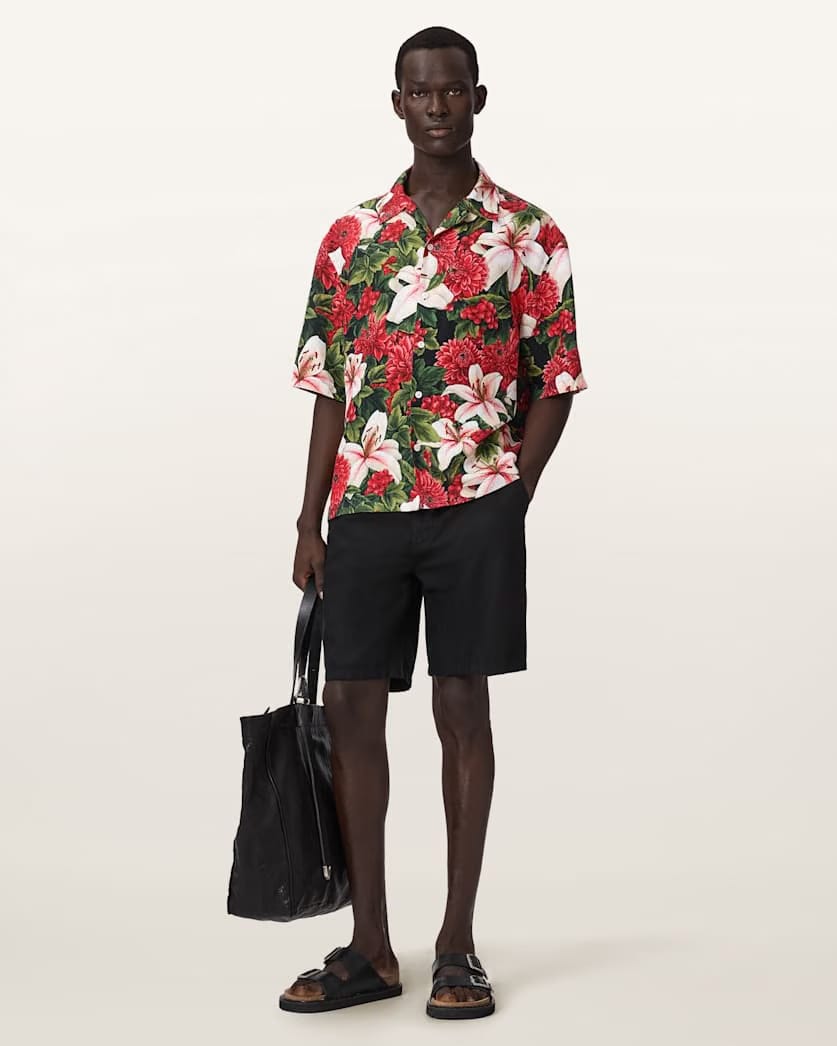 AllSaints Hokkaido Short Sleeve Linen Blend Shirt Red