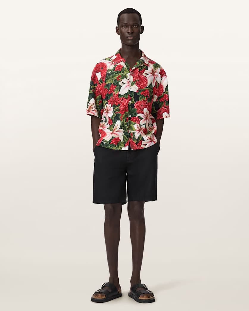 AllSaints Hokkaido Short Sleeve Linen Blend Shirt Red