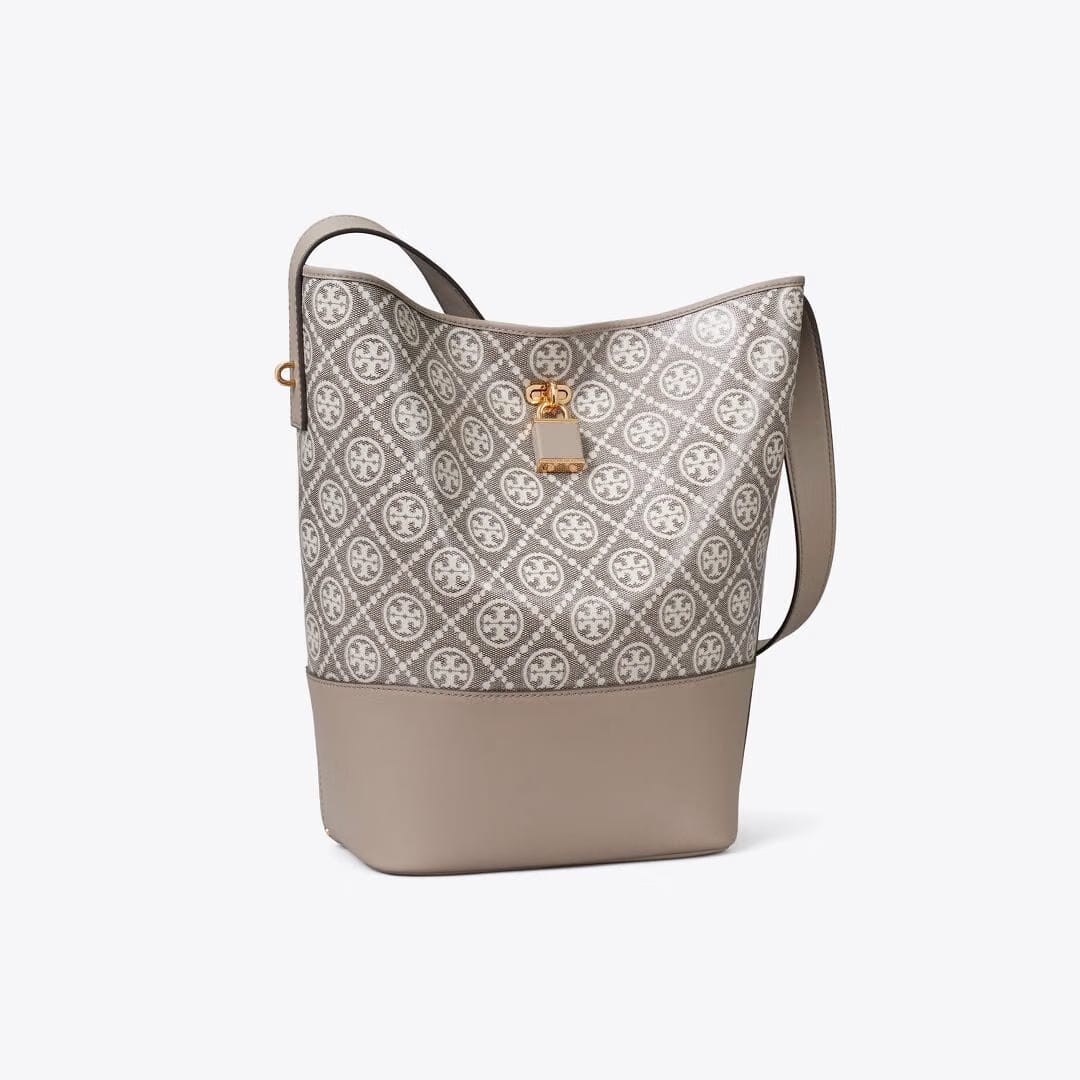 Tory Burch T Monogram Coated Jacquard Lock Slim Bucket Bag Charcoal