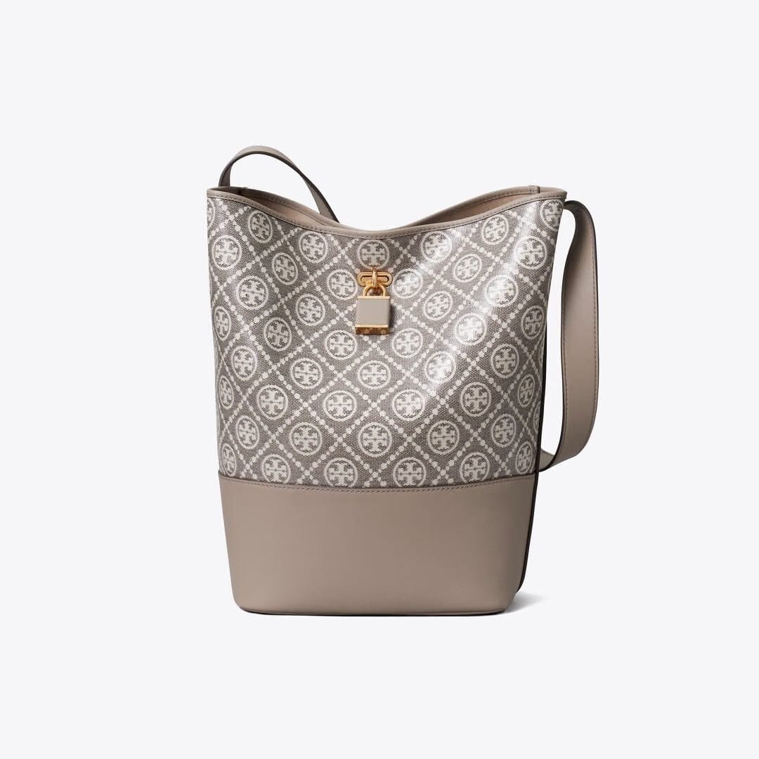 Tory Burch T Monogram Coated Jacquard Lock Slim Bucket Bag Charcoal
