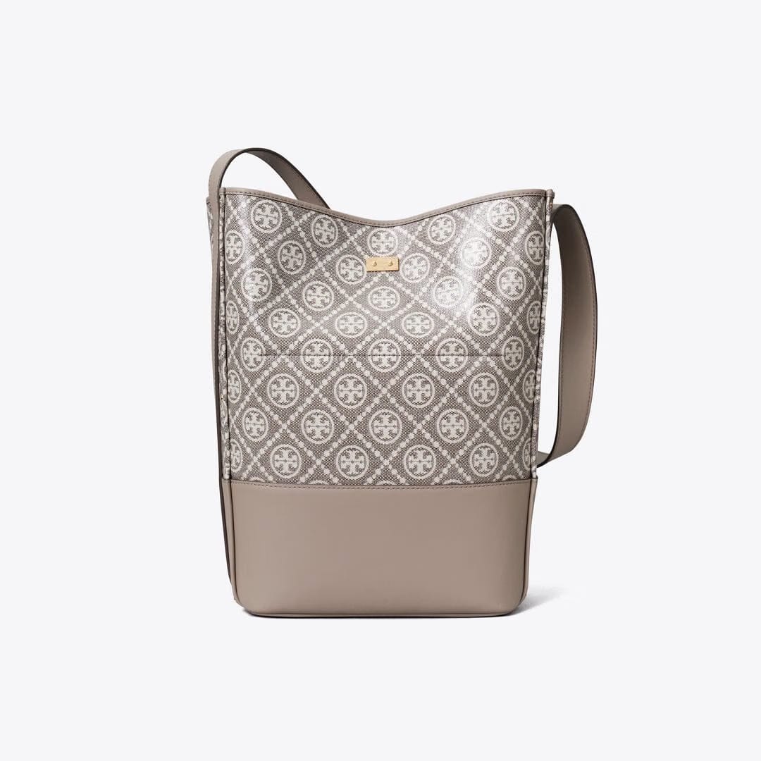 Tory Burch T Monogram Coated Jacquard Lock Slim Bucket Bag Charcoal