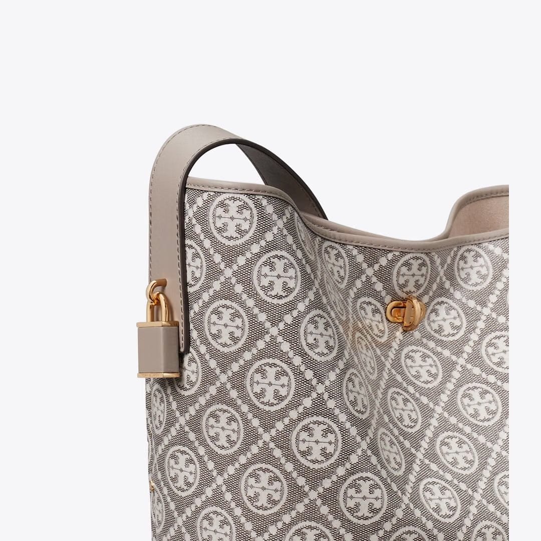 Tory Burch T Monogram Coated Jacquard Lock Slim Bucket Bag Charcoal