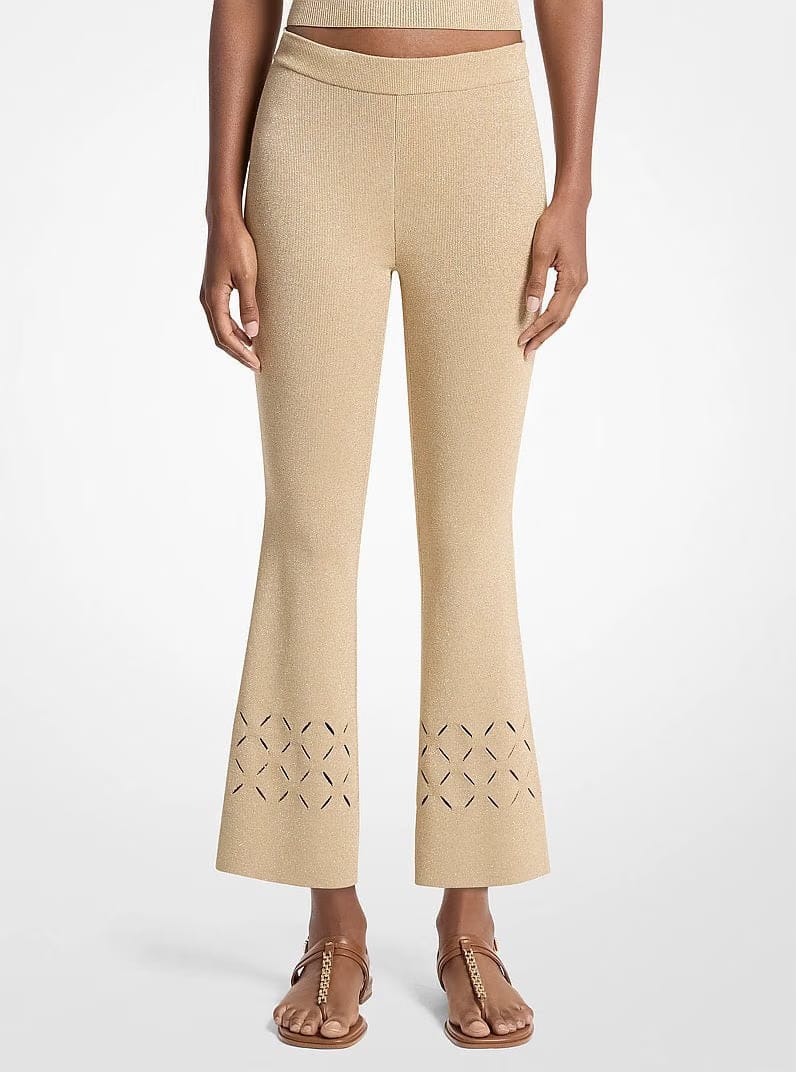 Michael Kors Laser Cut Metallic Stretch Knit Cropped Pants GOLD