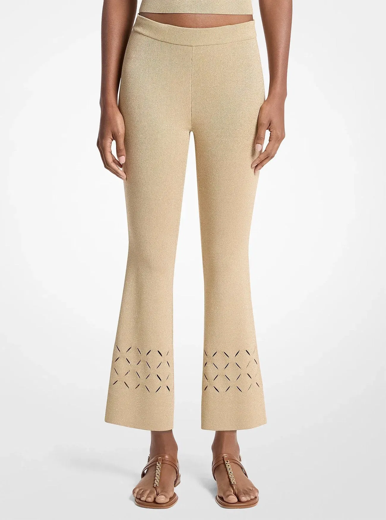 Michael Kors Laser Cut Metallic Stretch Knit Cropped Pants GOLD