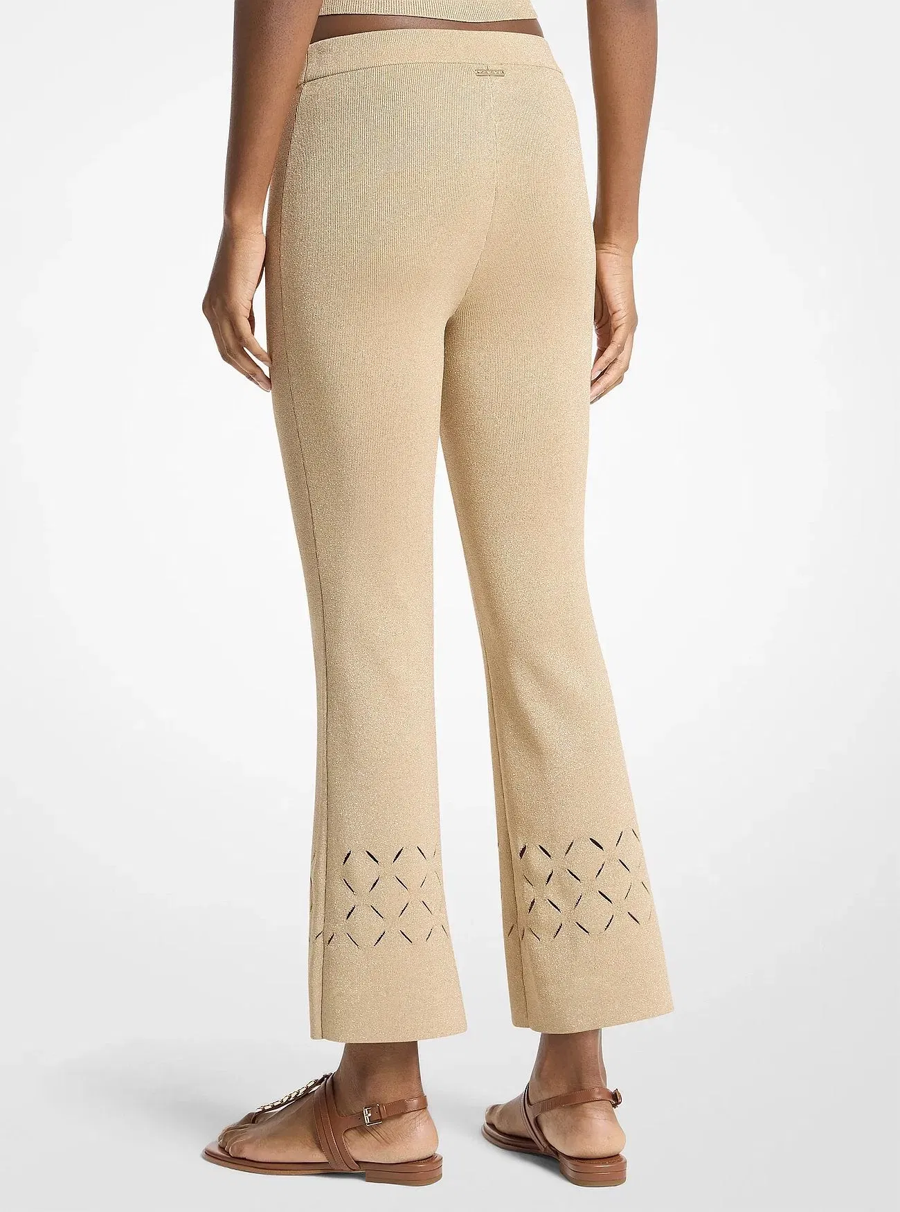Michael Kors Laser Cut Metallic Stretch Knit Cropped Pants GOLD