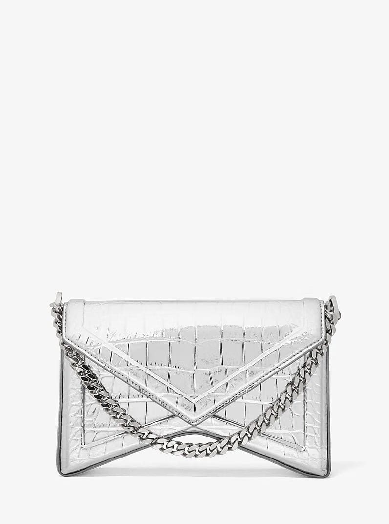 Michael Kors Manhatta Medium Metallic Crocodile Embossed Leather Bag Silver
