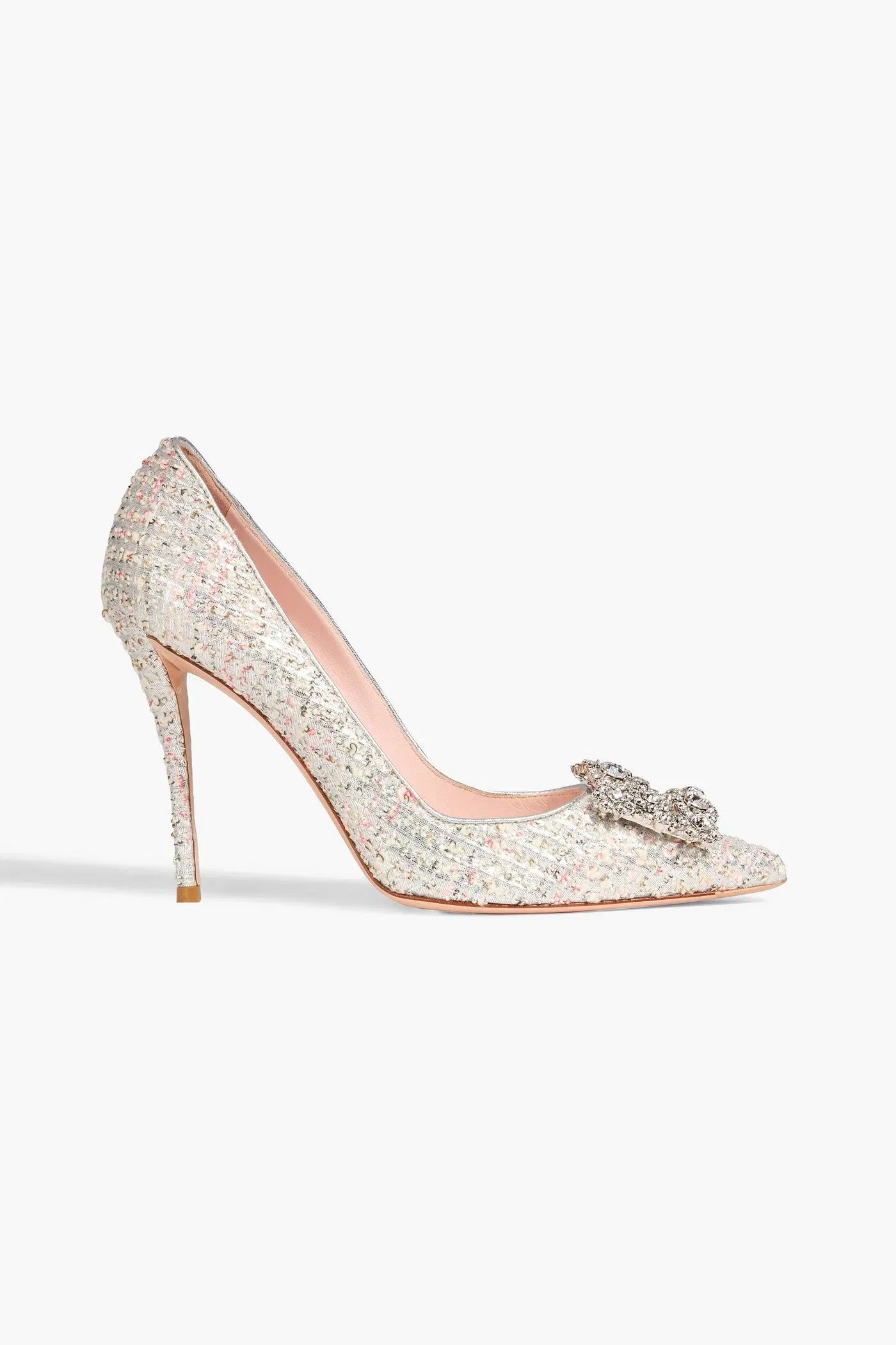 Roger Vivier Flower Strass Embellished Metallic Tweed Pumps Silver Women's