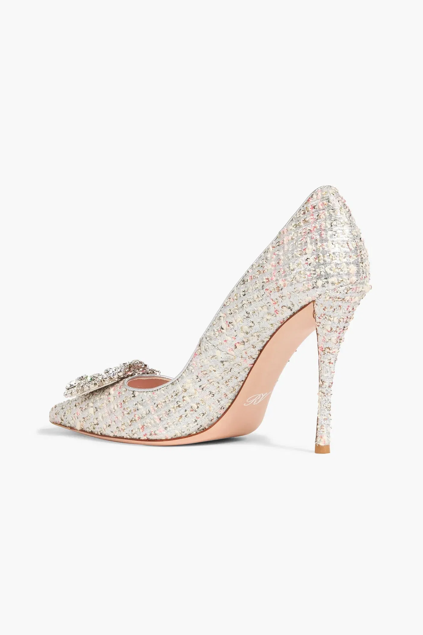 Roger Vivier Flower Strass Embellished Metallic Tweed Pumps Silver Women's