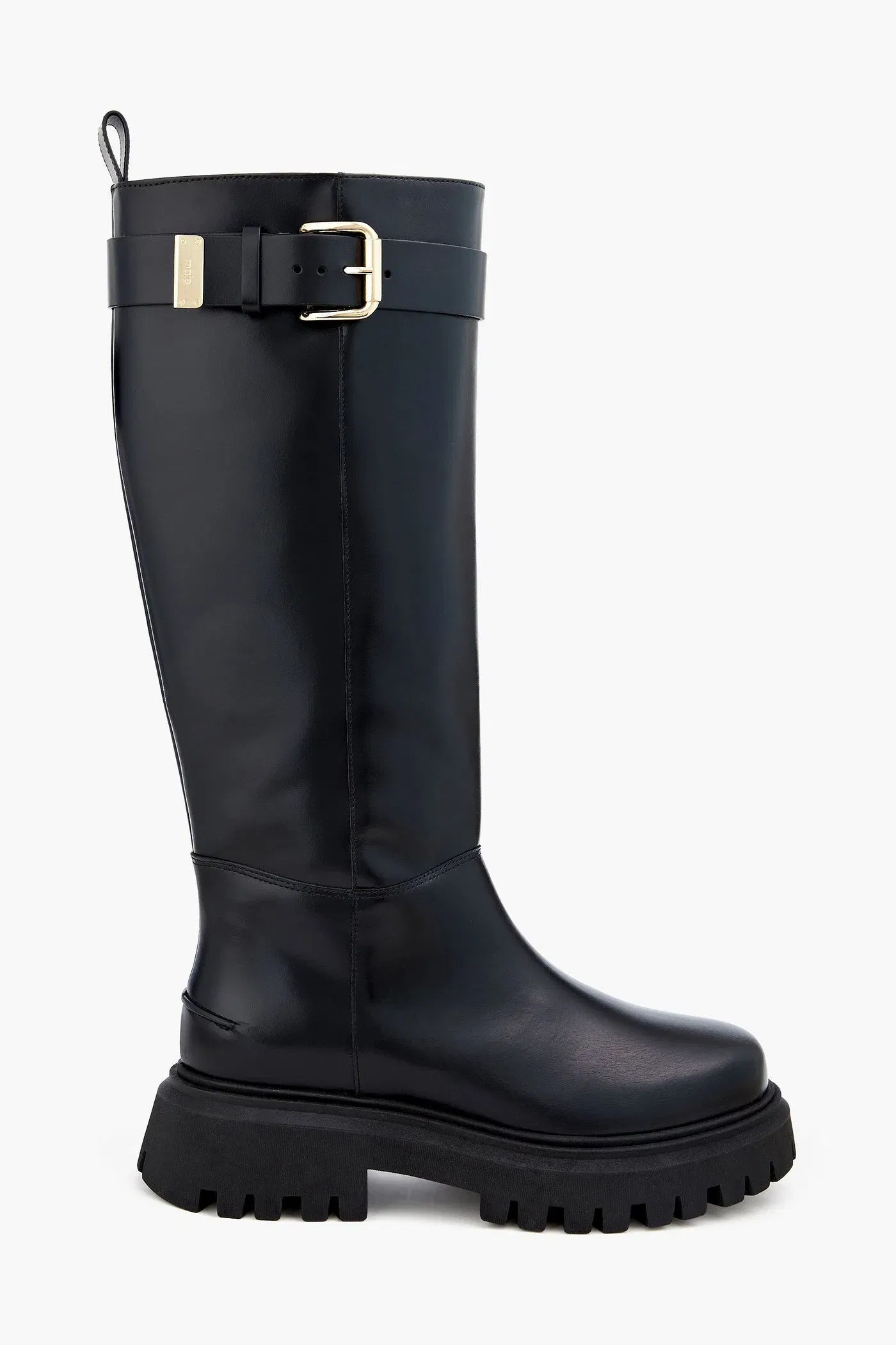 Maje Buckled Leather Knee Boots Black Women's