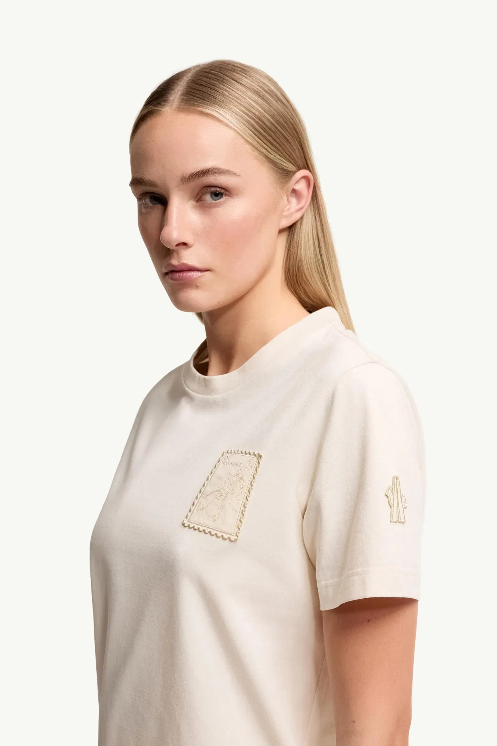 Moncler Botanical Patch Cotton Blend T-Shirt White Ivory White Ivory