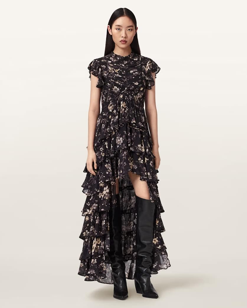 AllSaints Shaela Floral Frill Maxi Dress Women's Vine Black Women's