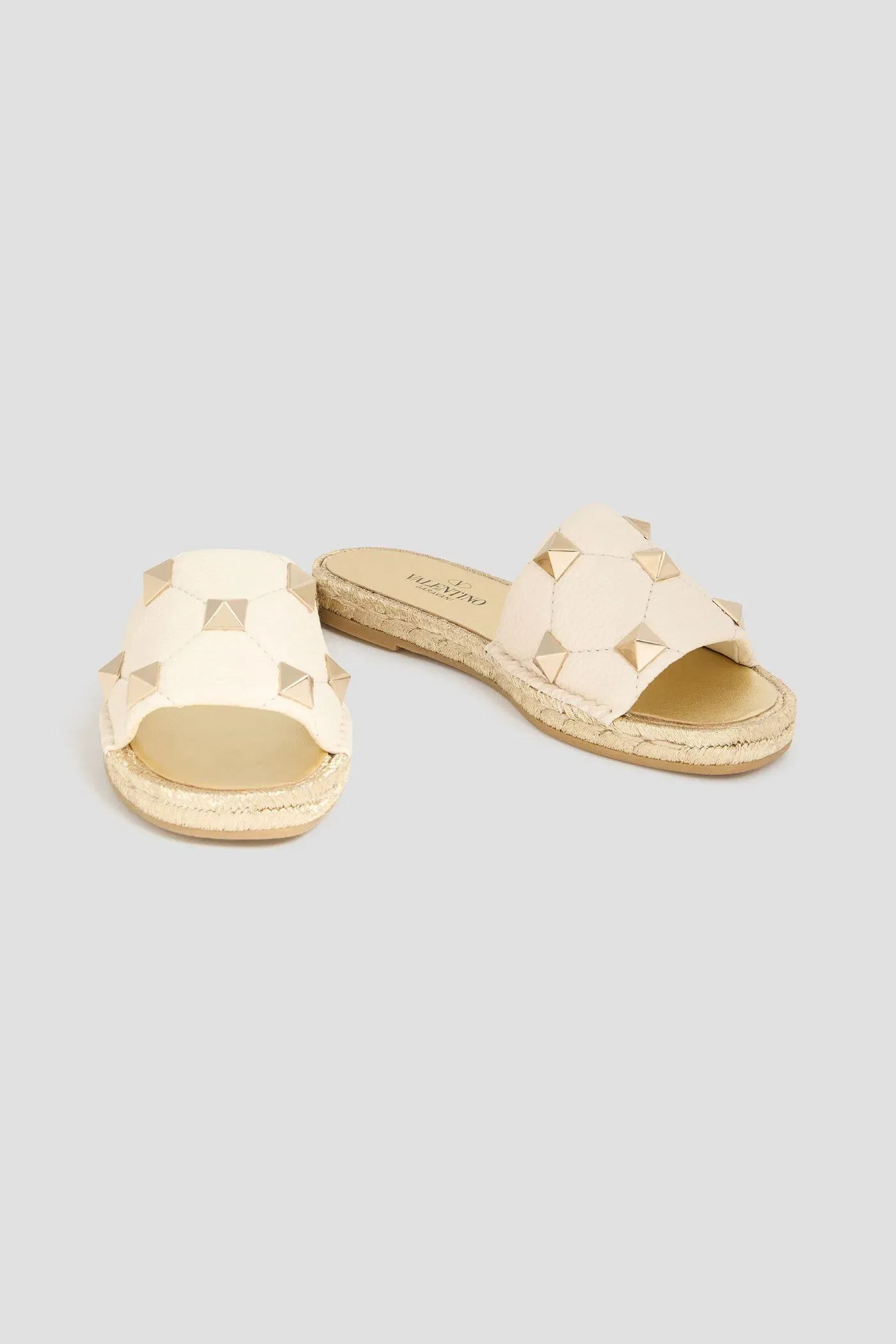Valentino Garavani Roman Stud Quilted Pebbled-Leather Espadrille Slides Ivory Women's