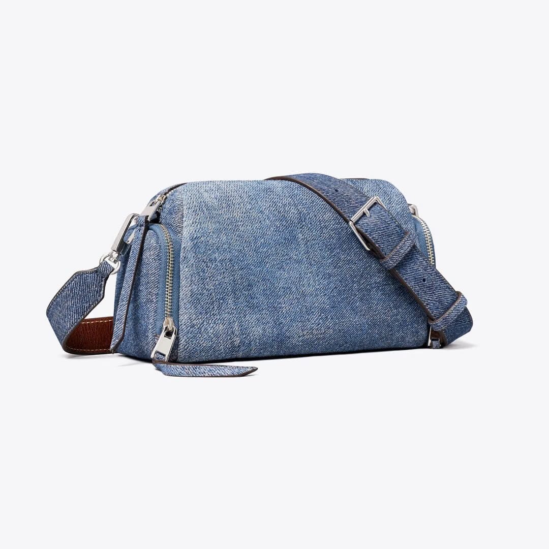 Tory Burch Perry Denim-Print Suede Voyager Crossbody Bag Blue Jean