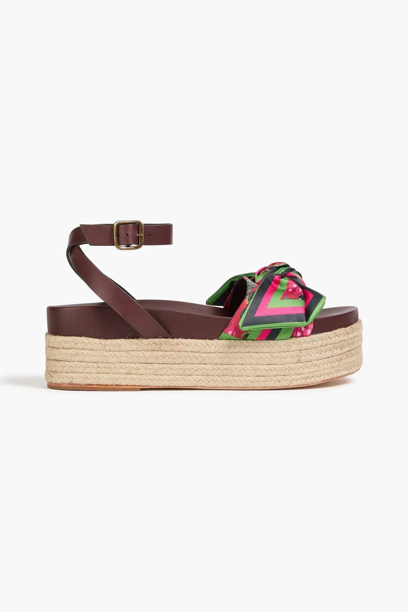 Farm Rio Printed Satin And Leather Espadrille Platform Sandals Leaf Green Women's