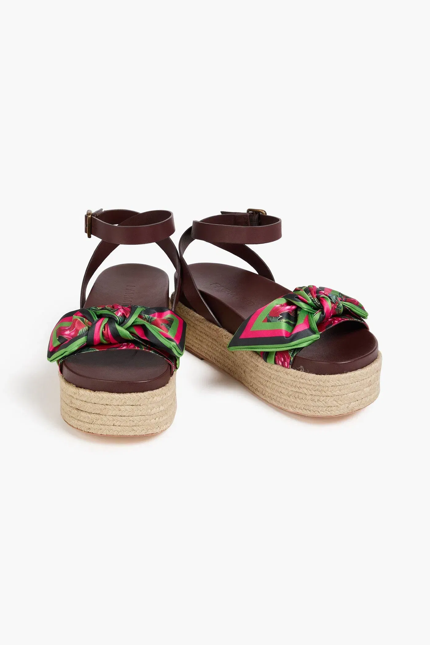Farm Rio Printed Satin And Leather Espadrille Platform Sandals Leaf Green Women's