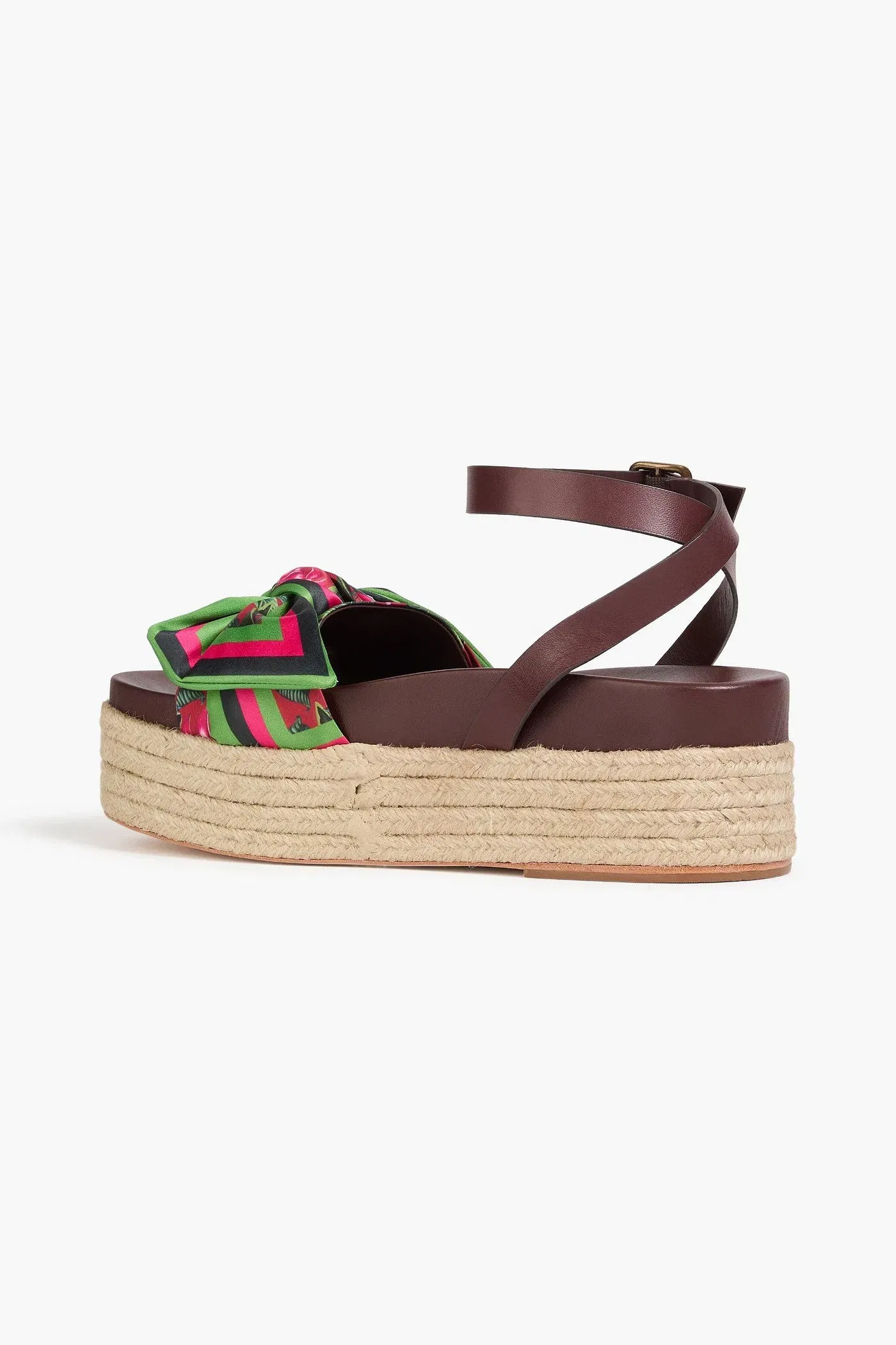 Farm Rio Printed Satin And Leather Espadrille Platform Sandals Leaf Green Women's